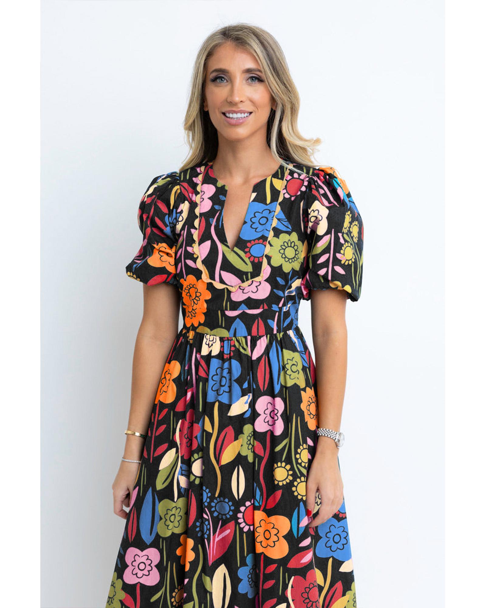 Black Retro Floral Printed Split Neck Maxi Dress - S 5