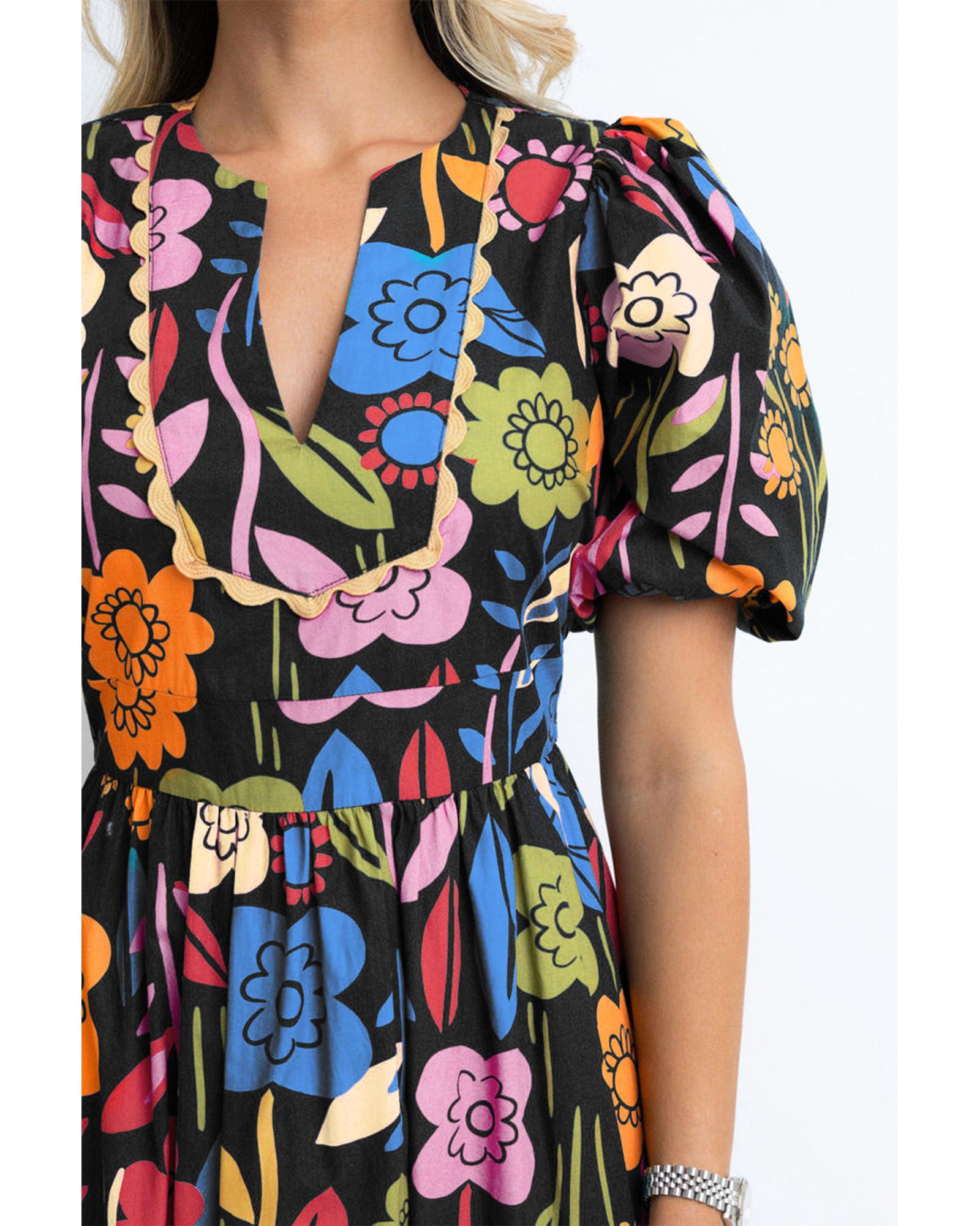 Black Retro Floral Printed Split Neck Maxi Dress - S 7