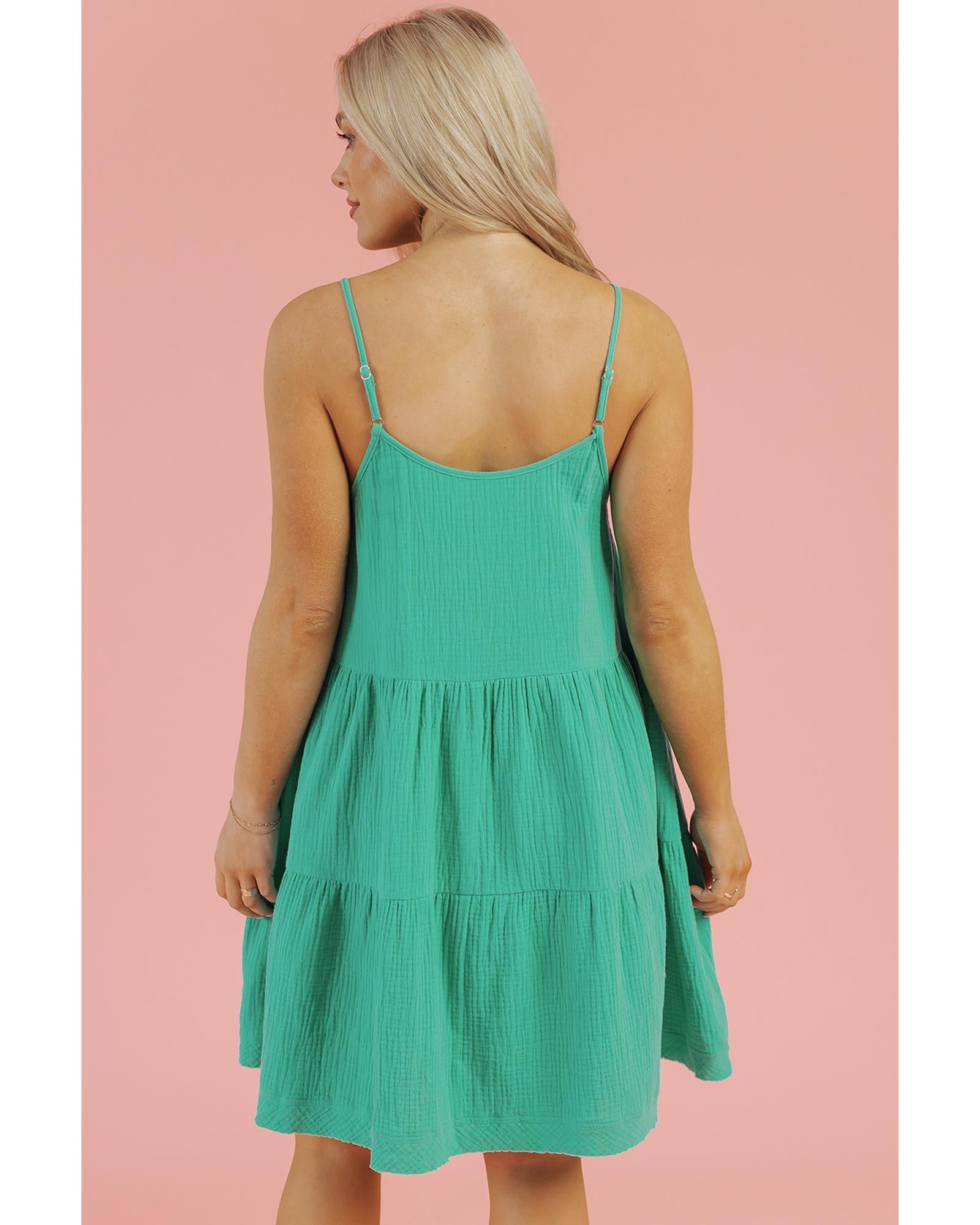 Sea Green Textured Buttoned Thin Strap Tiered Loose Fit Mini Dress - L