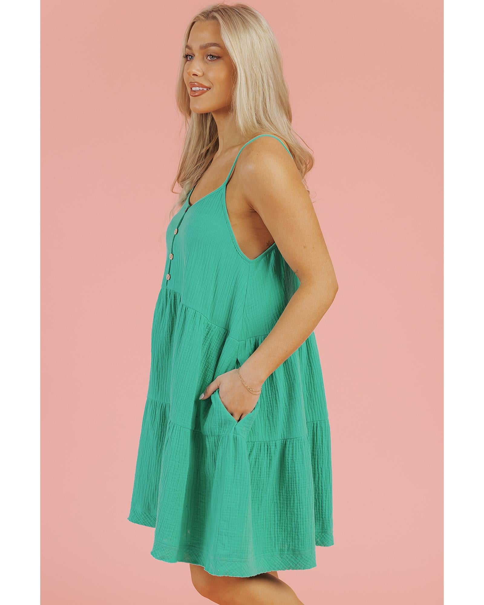 Sea Green Textured Buttoned Thin Strap Tiered Loose Fit Mini Dress - L 3