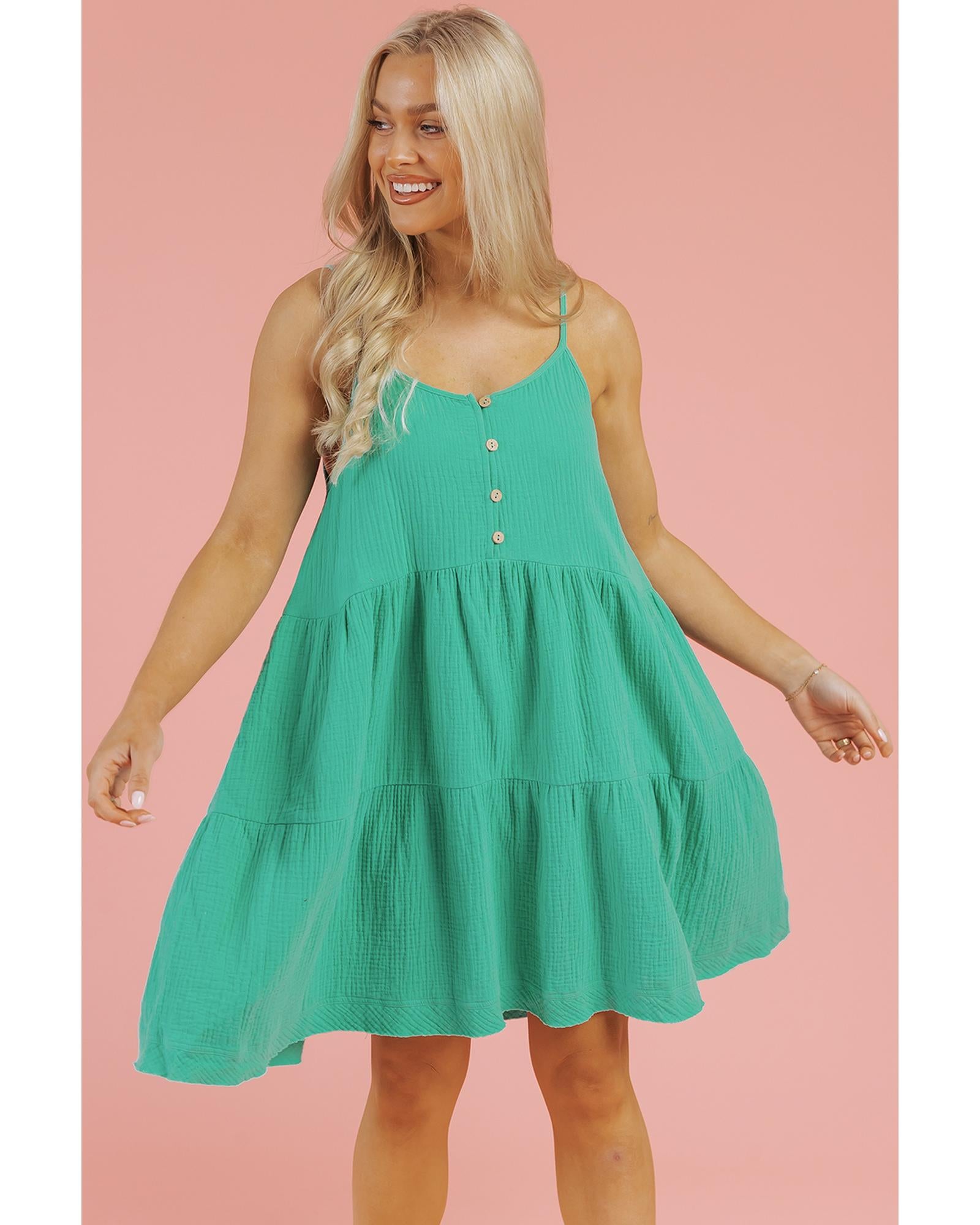 Sea Green Textured Buttoned Thin Strap Tiered Loose Fit Mini Dress - L 4