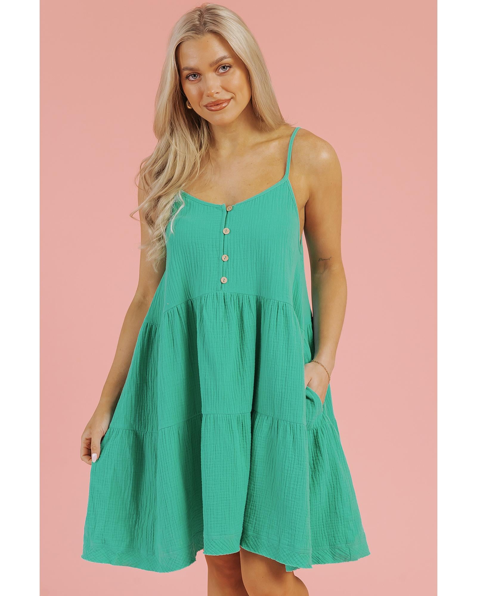 Sea Green Textured Buttoned Thin Strap Tiered Loose Fit Mini Dress - M 6
