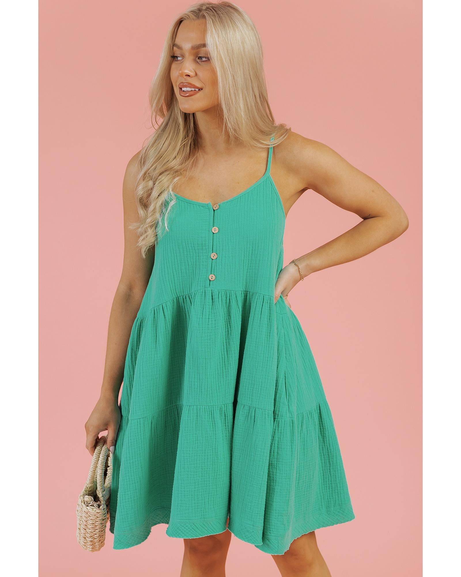 Sea Green Textured Buttoned Thin Strap Tiered Loose Fit Mini Dress - S 5