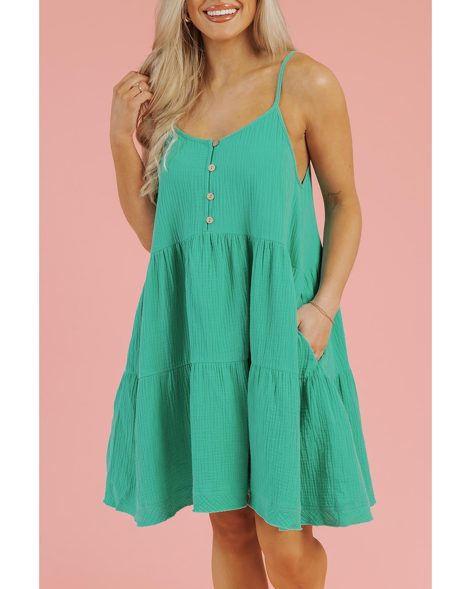 Sea Green Textured Buttoned Thin Strap Tiered Loose Fit Mini Dress - S 7