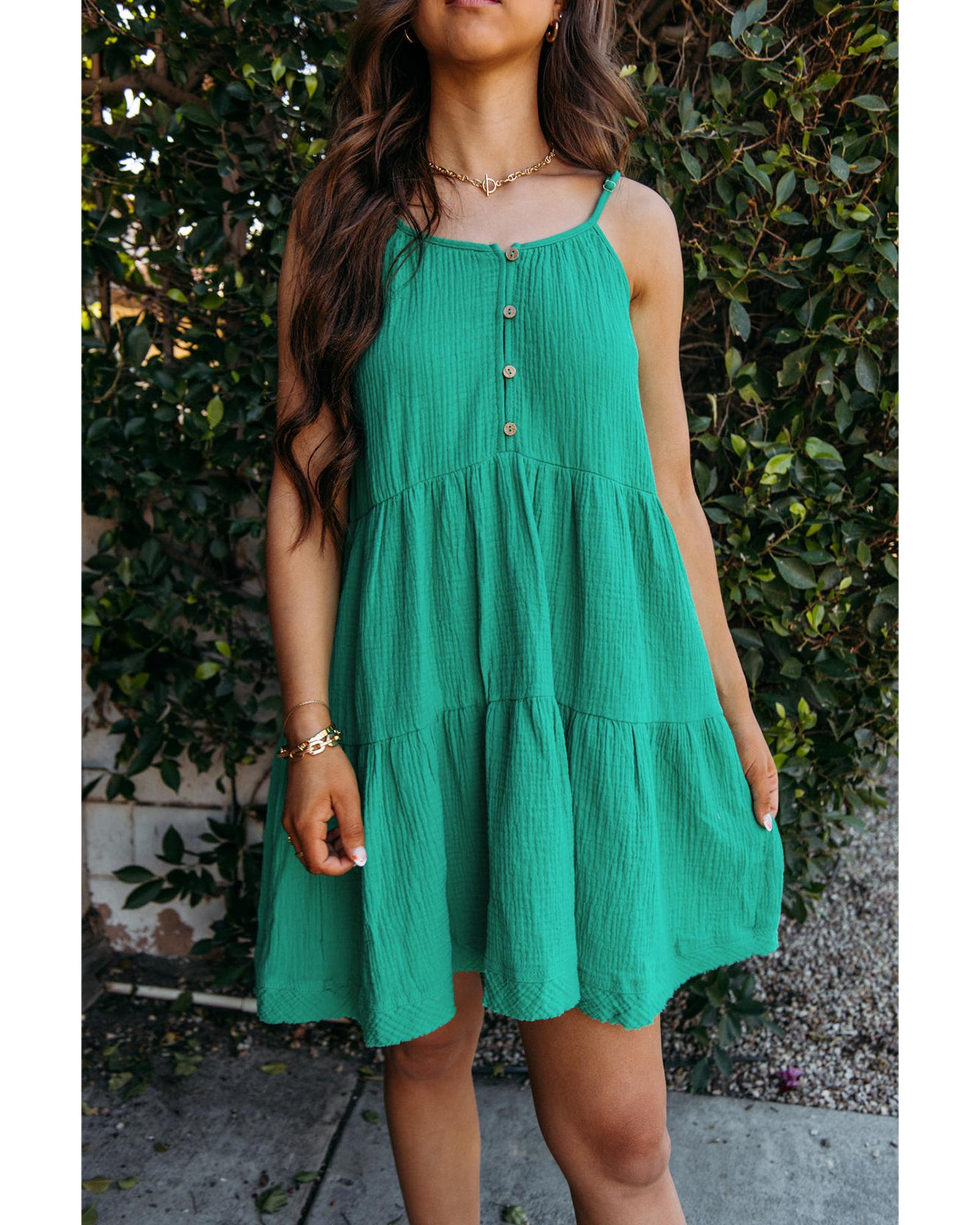 Sea Green Textured Buttoned Thin Strap Tiered Loose Fit Mini Dress - S 8