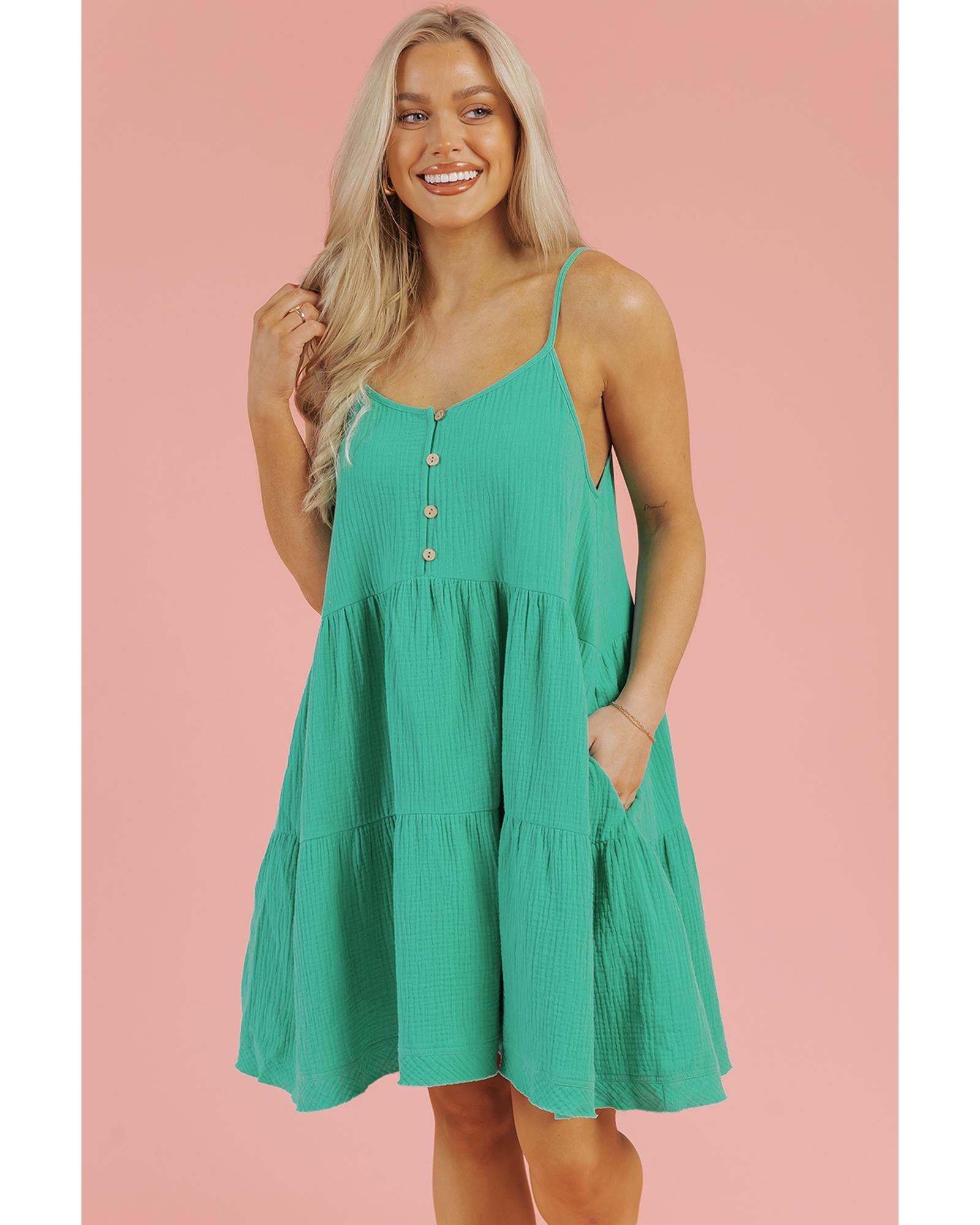 Sea Green Textured Buttoned Thin Strap Tiered Loose Fit Mini Dress - XL