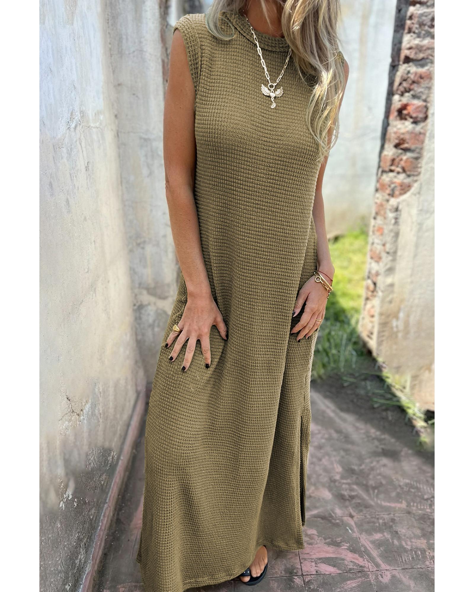 Jungle Green Waffle Knit Sleeveless Long Dress with Slits - L 5