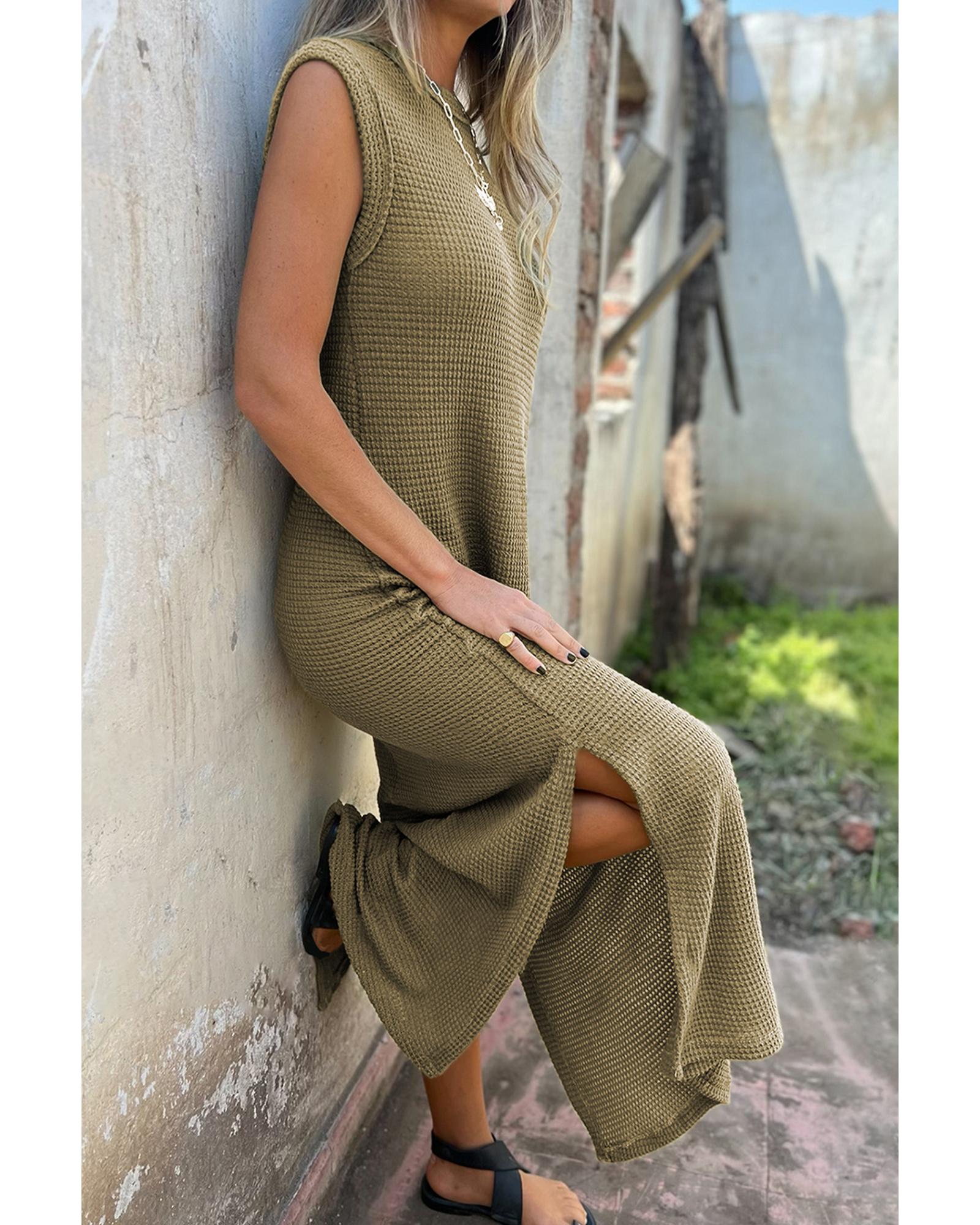 Jungle Green Waffle Knit Sleeveless Long Dress with Slits - L 8