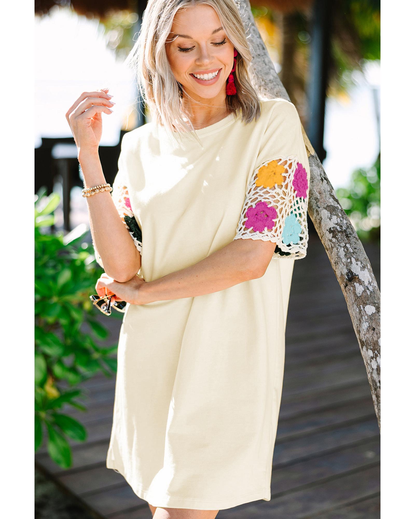 White Floral Crochet Splicing Sleeve T Shirt Dress - L