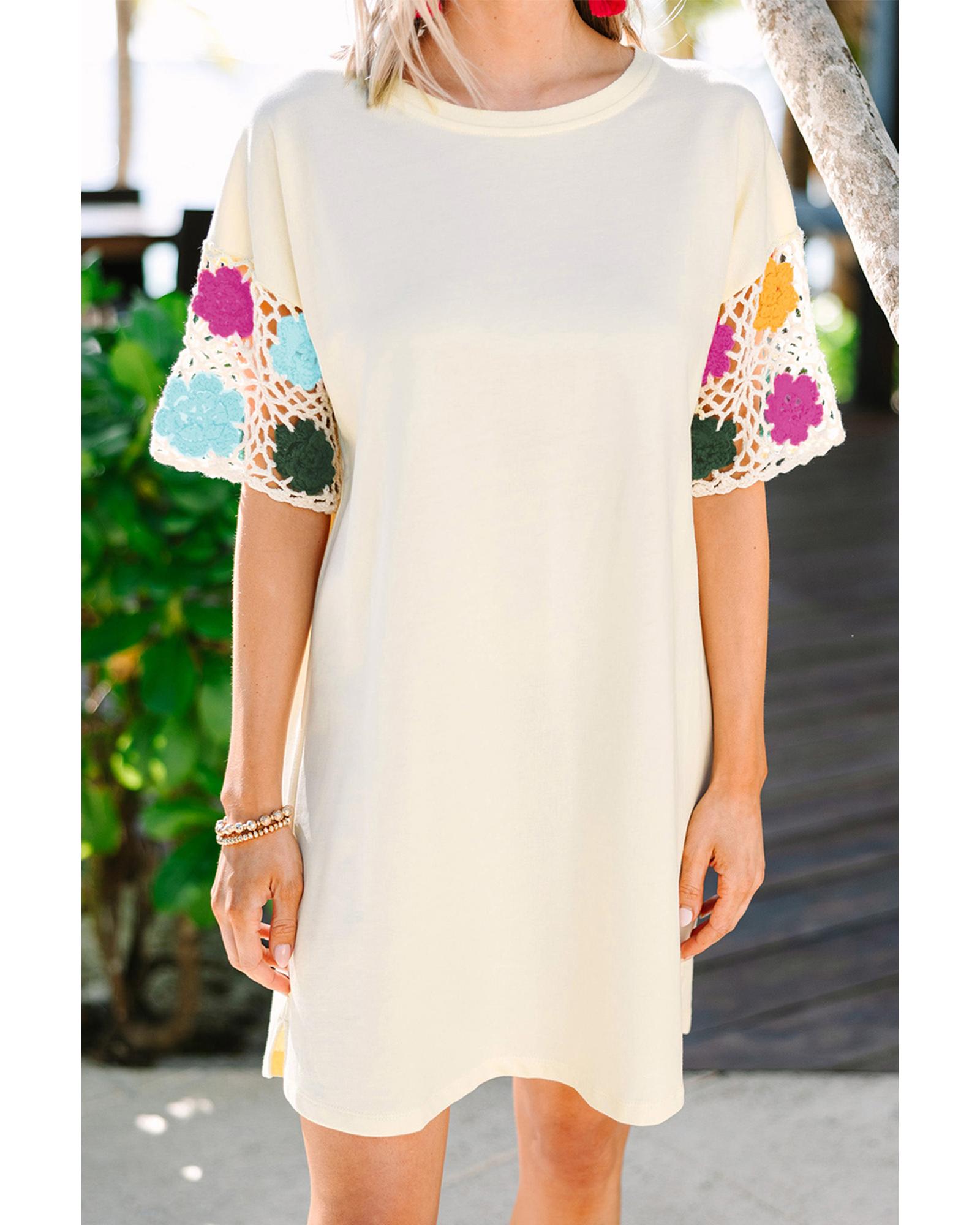 White Floral Crochet Splicing Sleeve T Shirt Dress - M 4