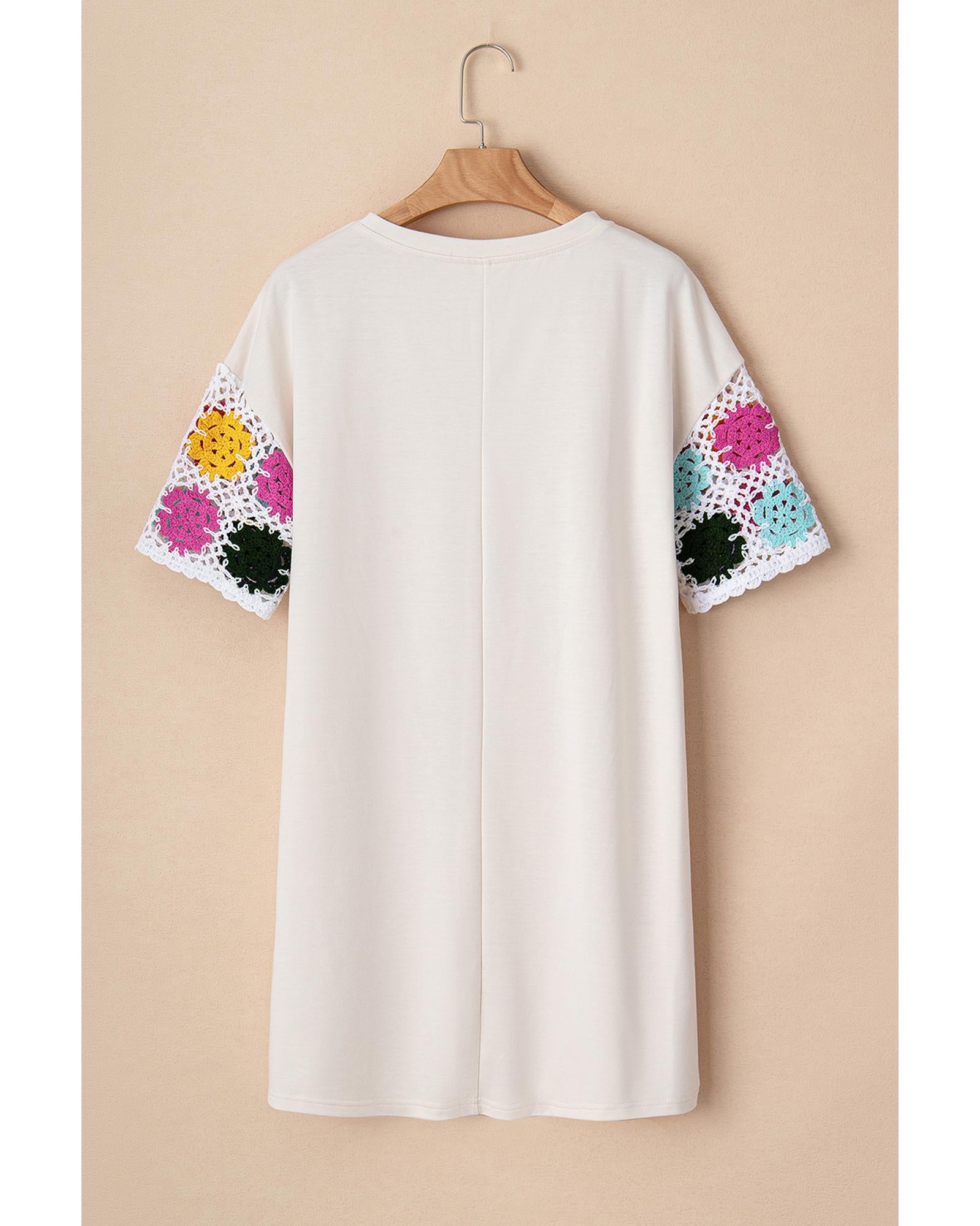 White Floral Crochet Splicing Sleeve T Shirt Dress - XL 3
