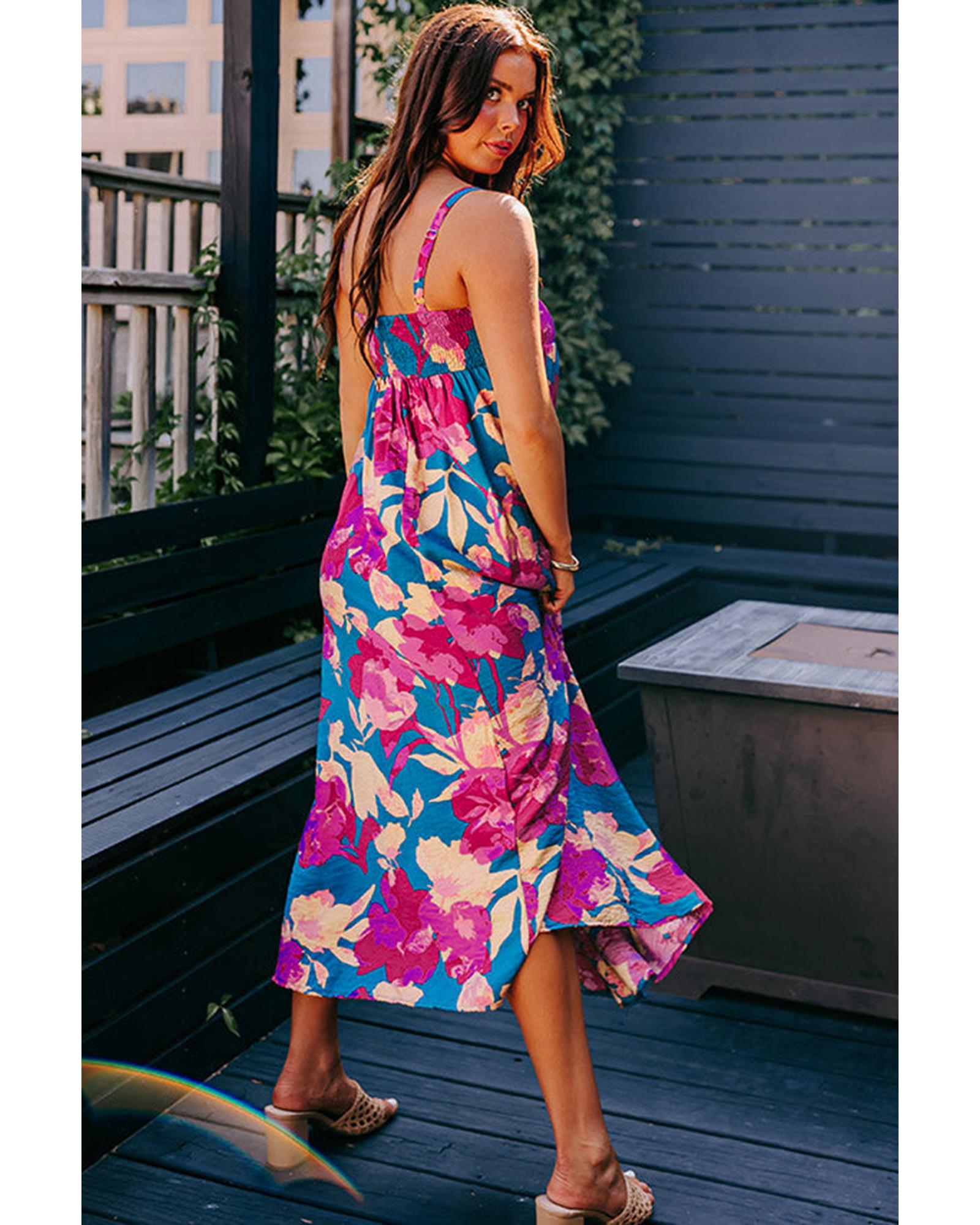 Dark Blue Floral High Waist Sleeveless Flared Long Dress - L
