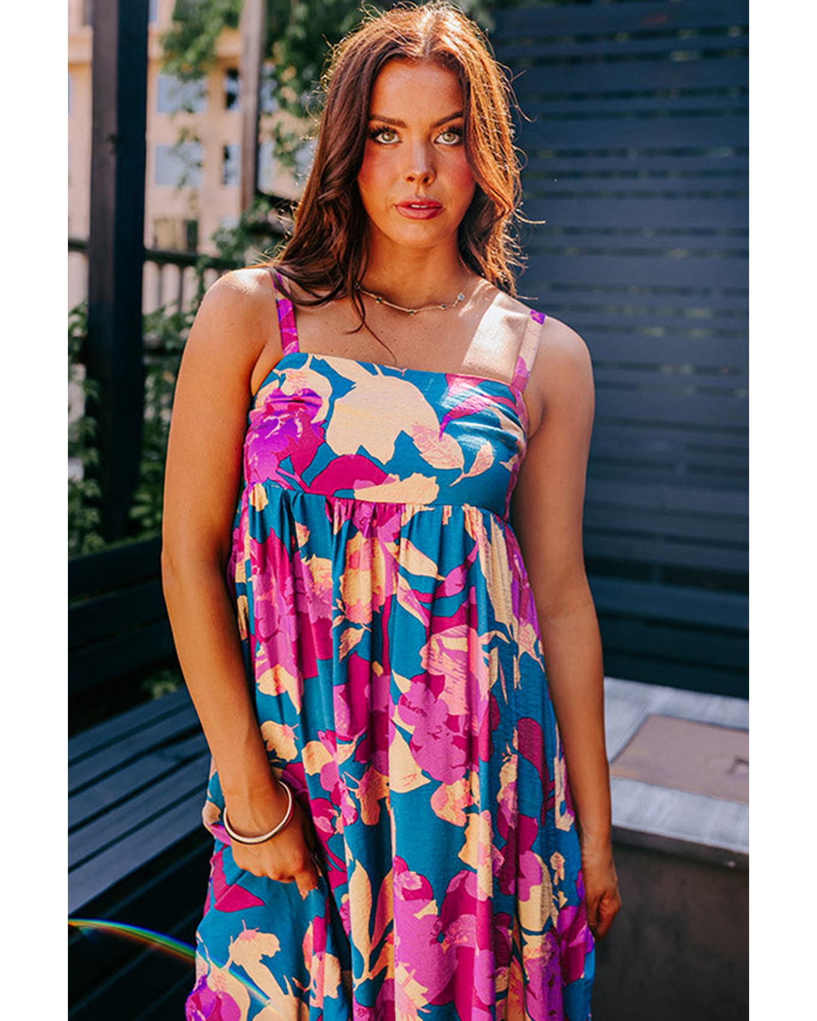 Dark Blue Floral High Waist Sleeveless Flared Long Dress - L 6