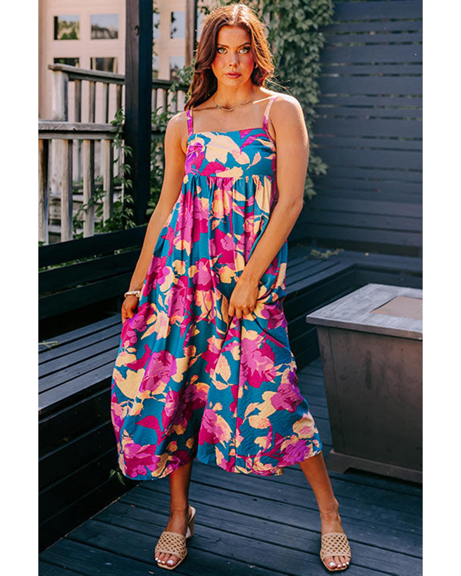Dark Blue Floral High Waist Sleeveless Flared Long Dress - S 3