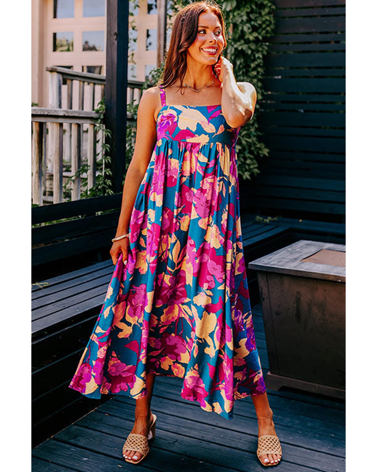 Dark Blue Floral High Waist Sleeveless Flared Long Dress - S 4