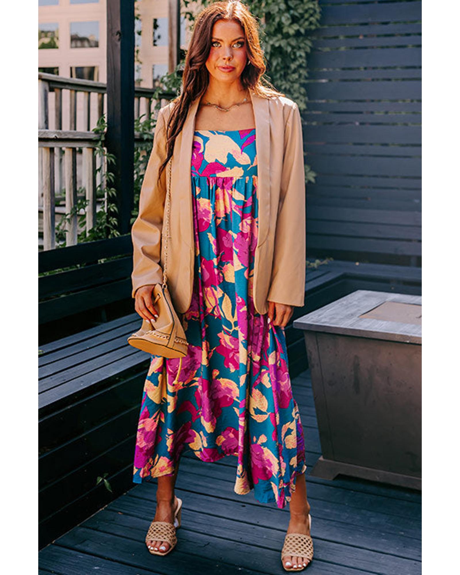 Dark Blue Floral High Waist Sleeveless Flared Long Dress - S 5