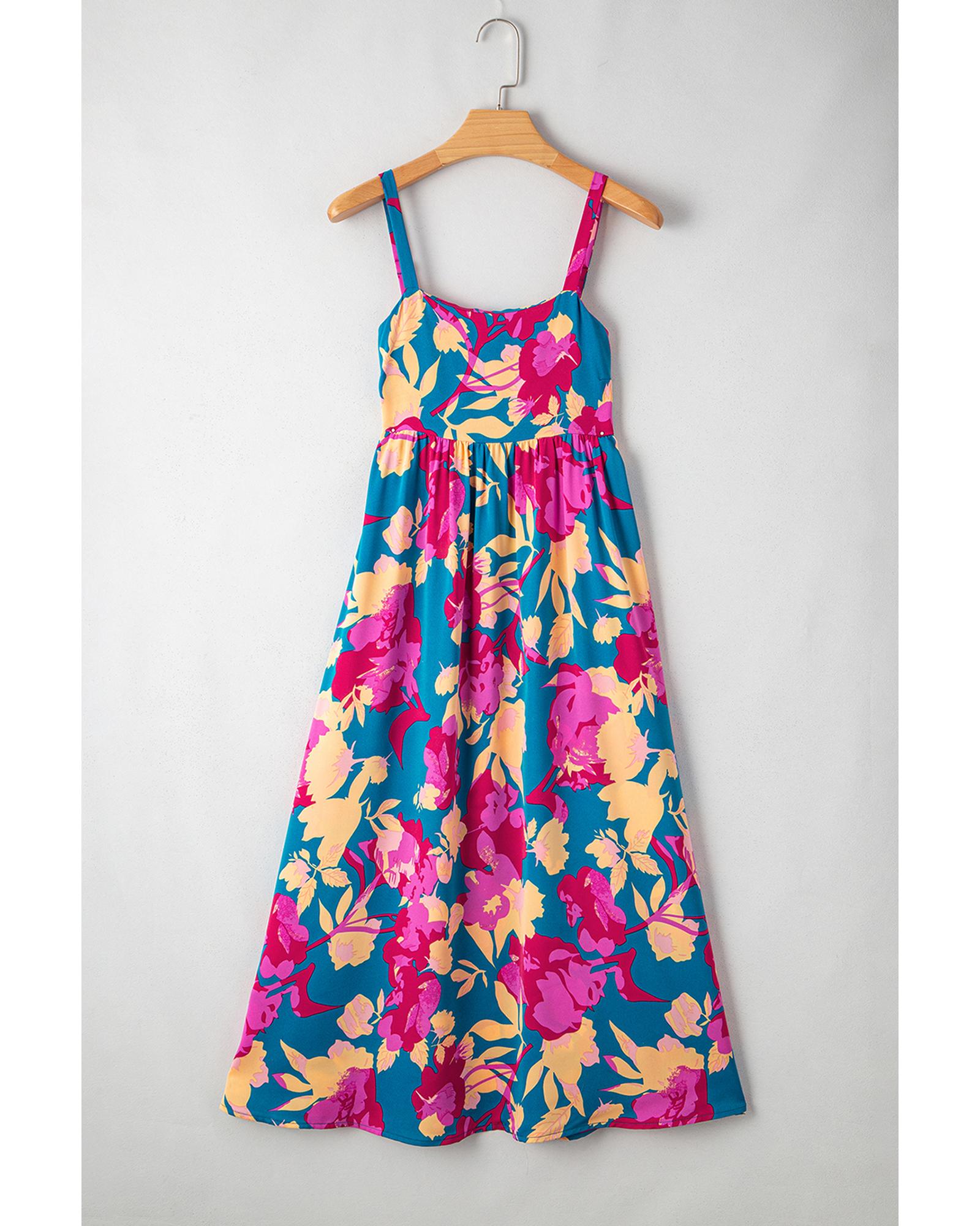 Dark Blue Floral High Waist Sleeveless Flared Long Dress - S 7