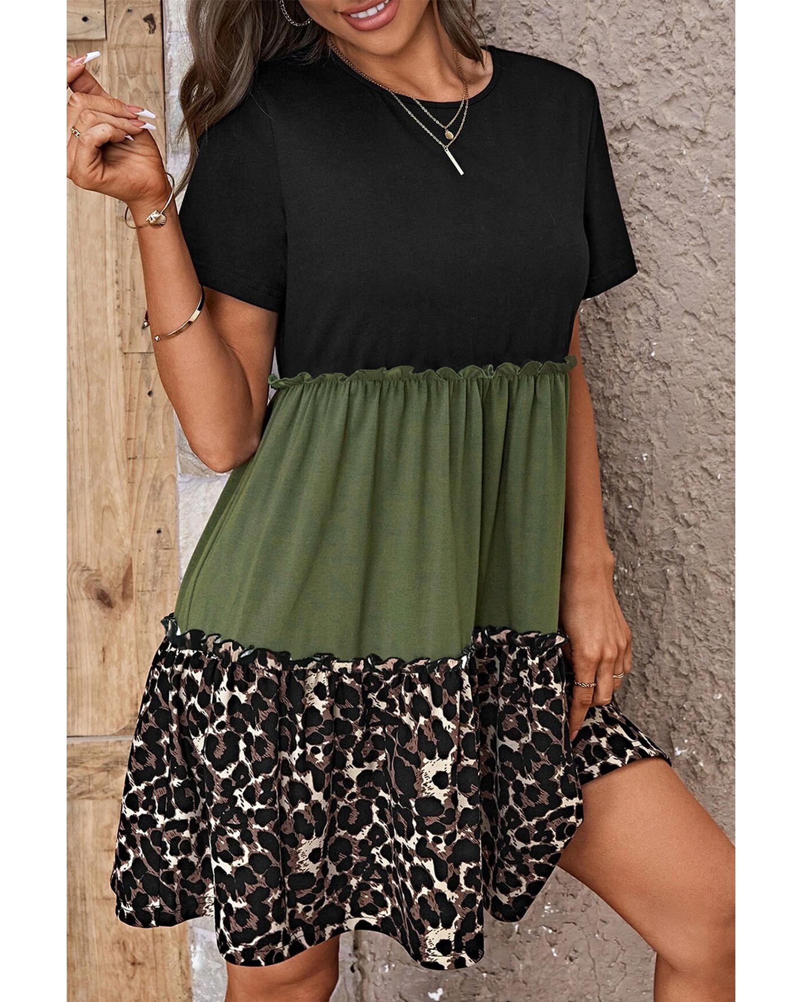 Jungle Green Leopard Print Colorblock Frill Trim T-shirt Dress - M 3