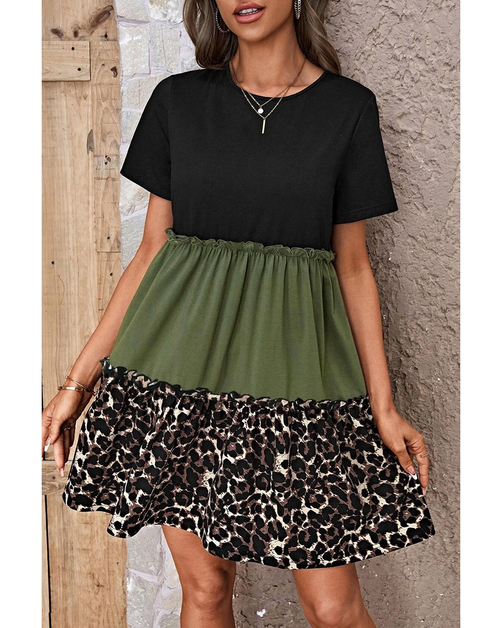 Jungle Green Leopard Print Colorblock Frill Trim T-shirt Dress - M 4