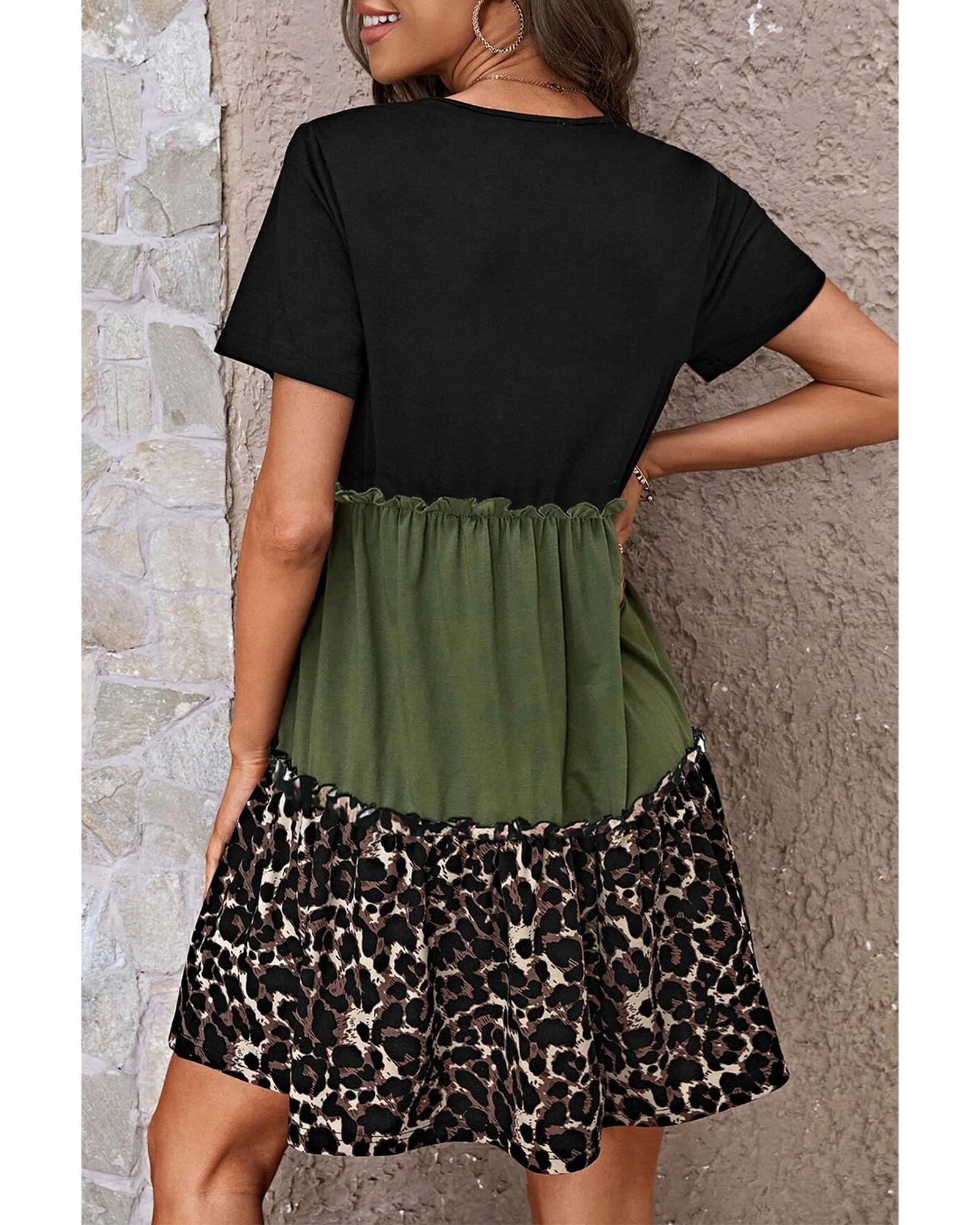Jungle Green Leopard Print Colorblock Frill Trim T-shirt Dress - S