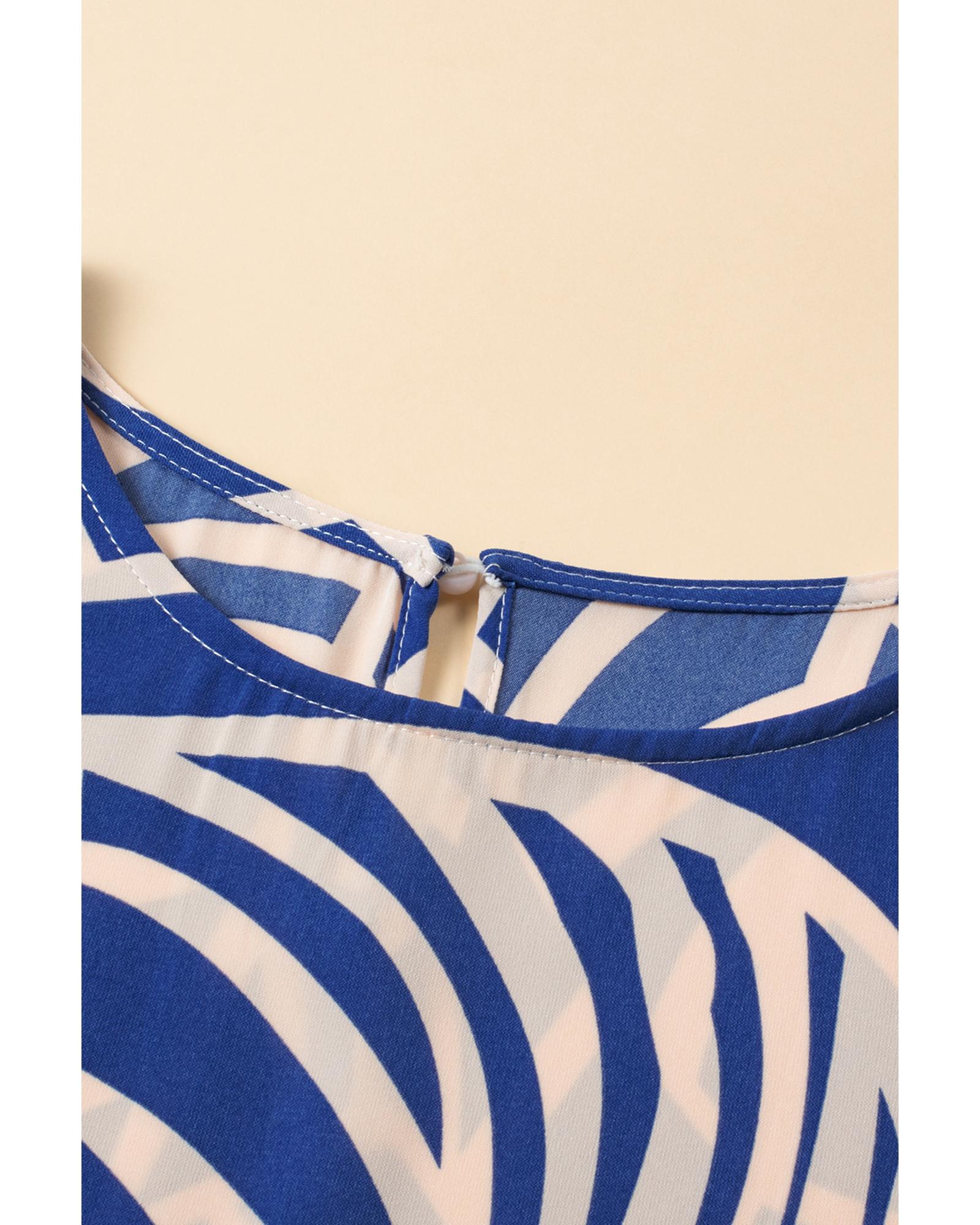 Sky Blue Boho Printed Short Sleeve Flare Tiered Dress - M 5