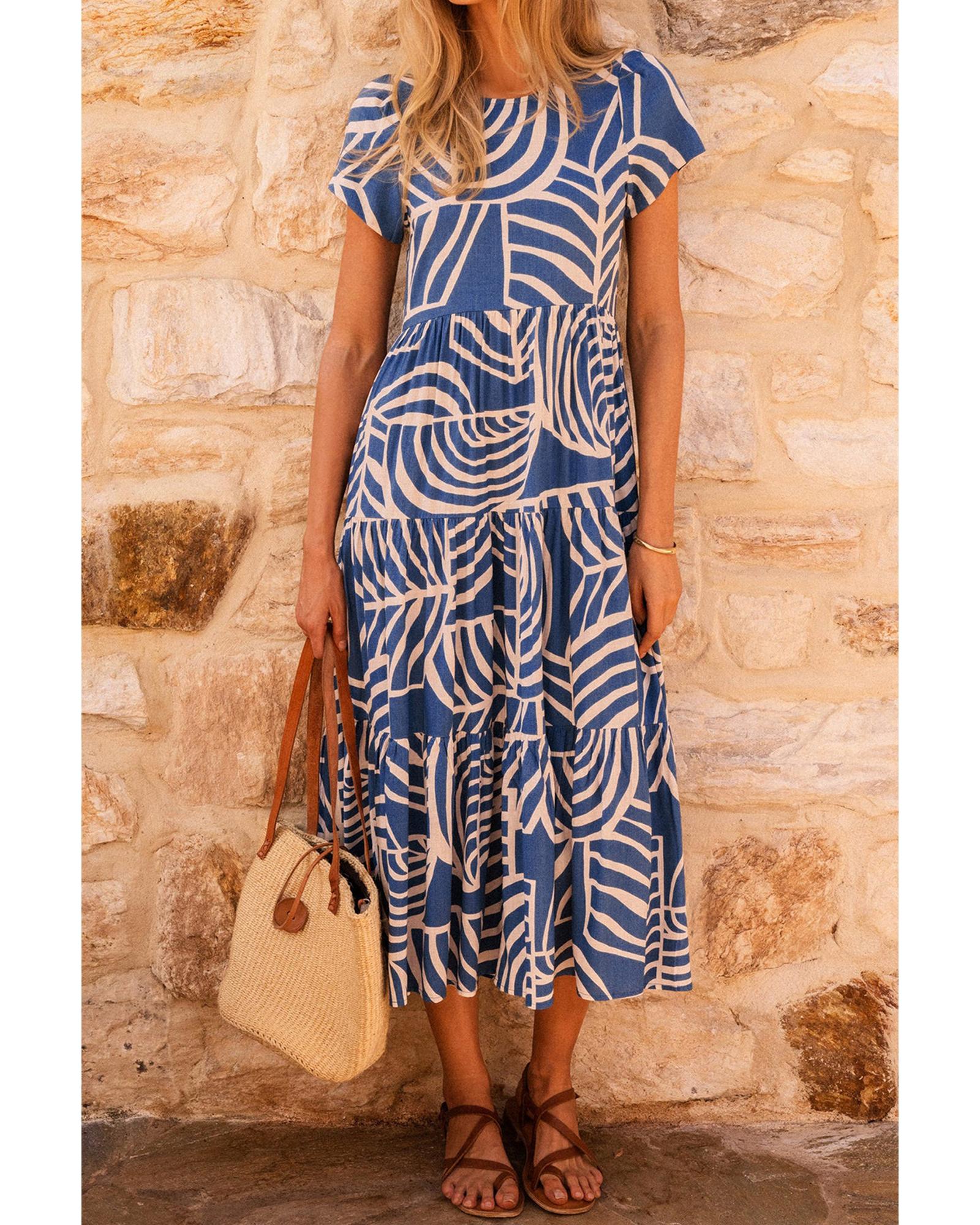 Sky Blue Boho Printed Short Sleeve Flare Tiered Dress - M 6