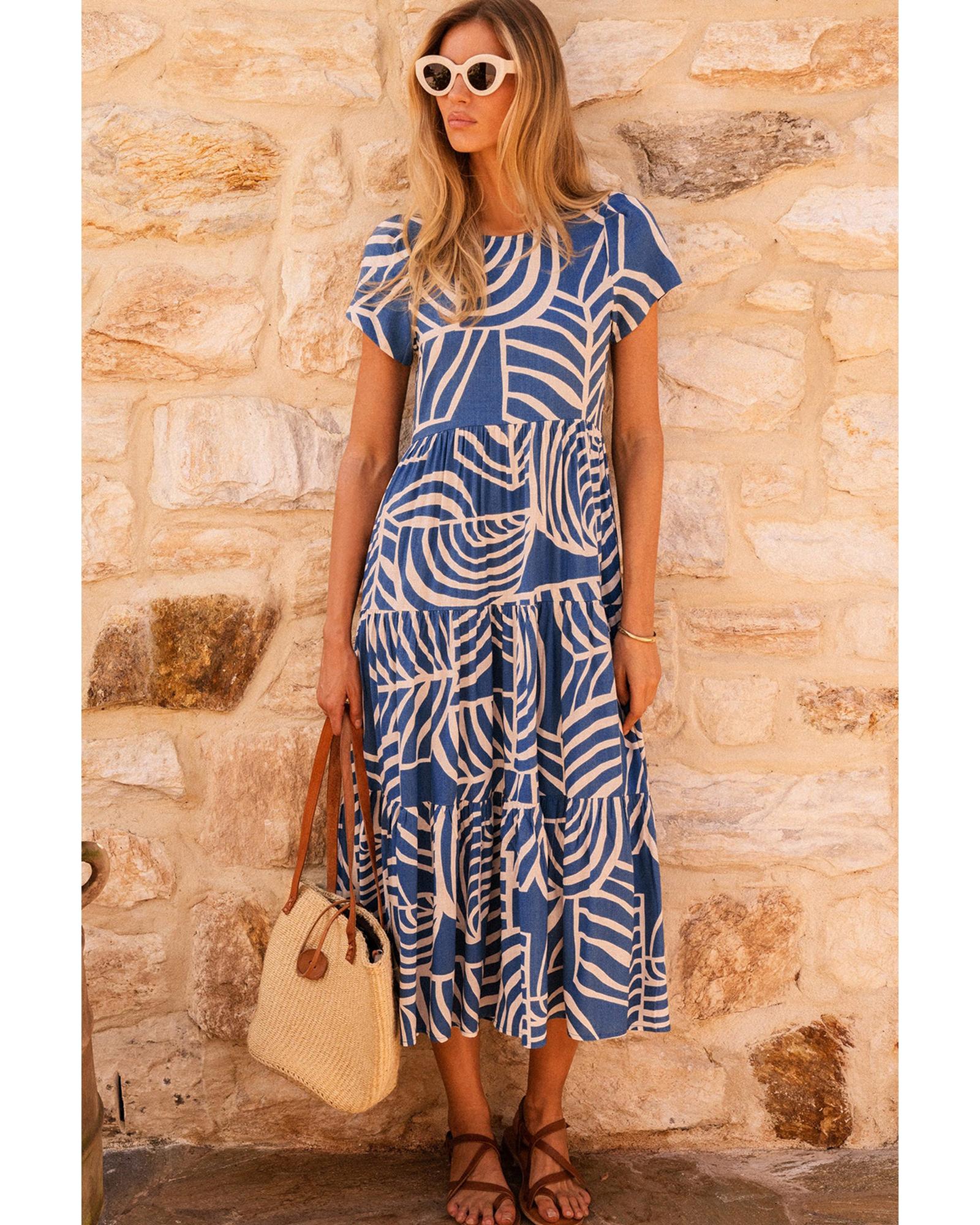 Sky Blue Boho Printed Short Sleeve Flare Tiered Dress - S