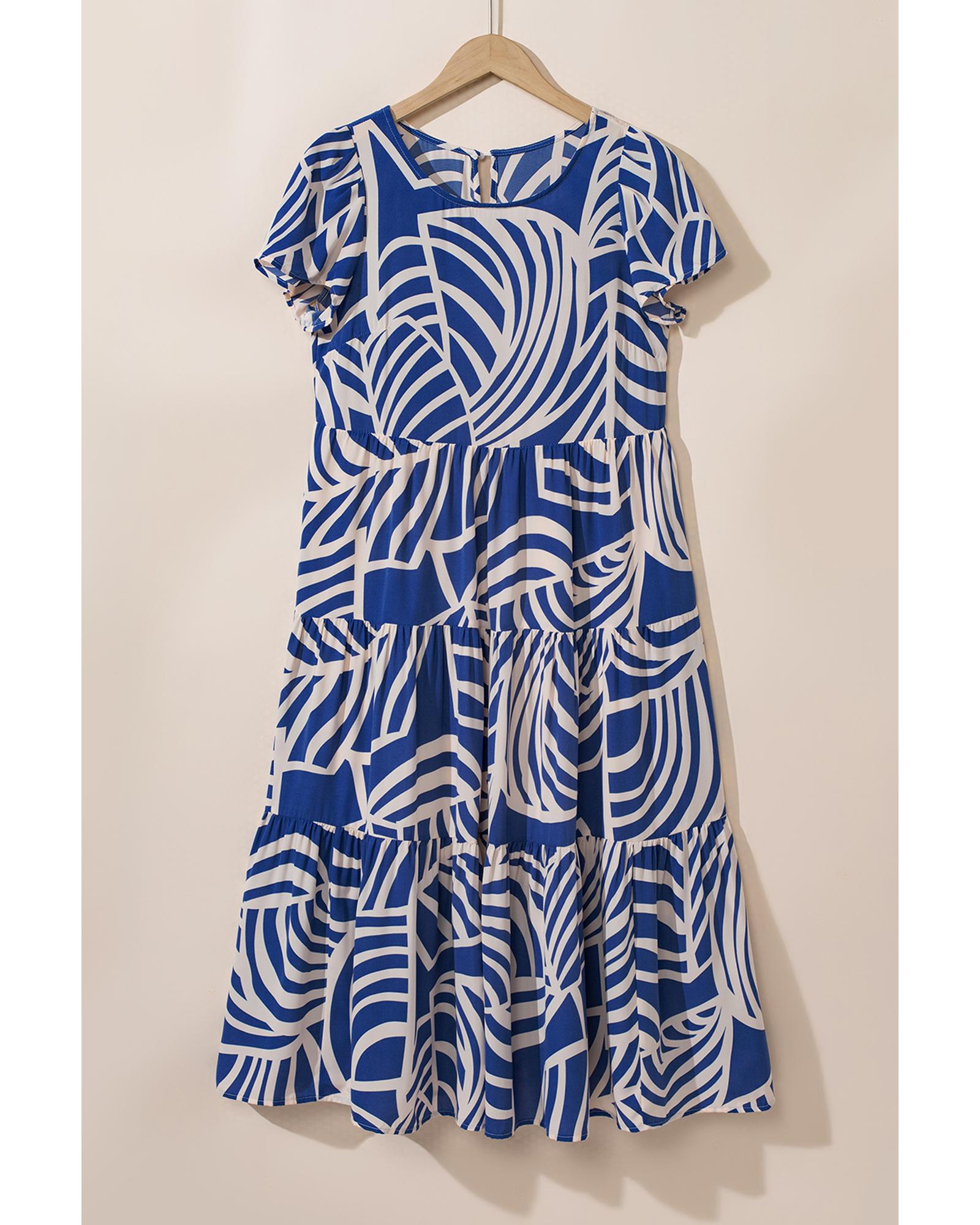 Sky Blue Boho Printed Short Sleeve Flare Tiered Dress - S 3