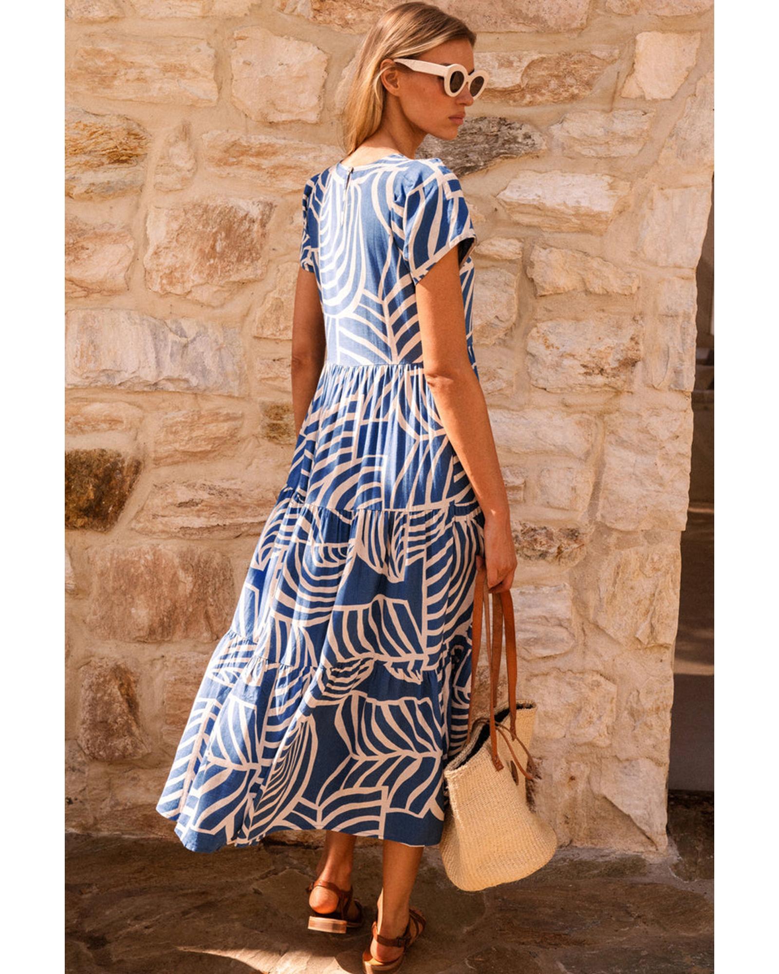 Sky Blue Boho Printed Short Sleeve Flare Tiered Dress - S 4