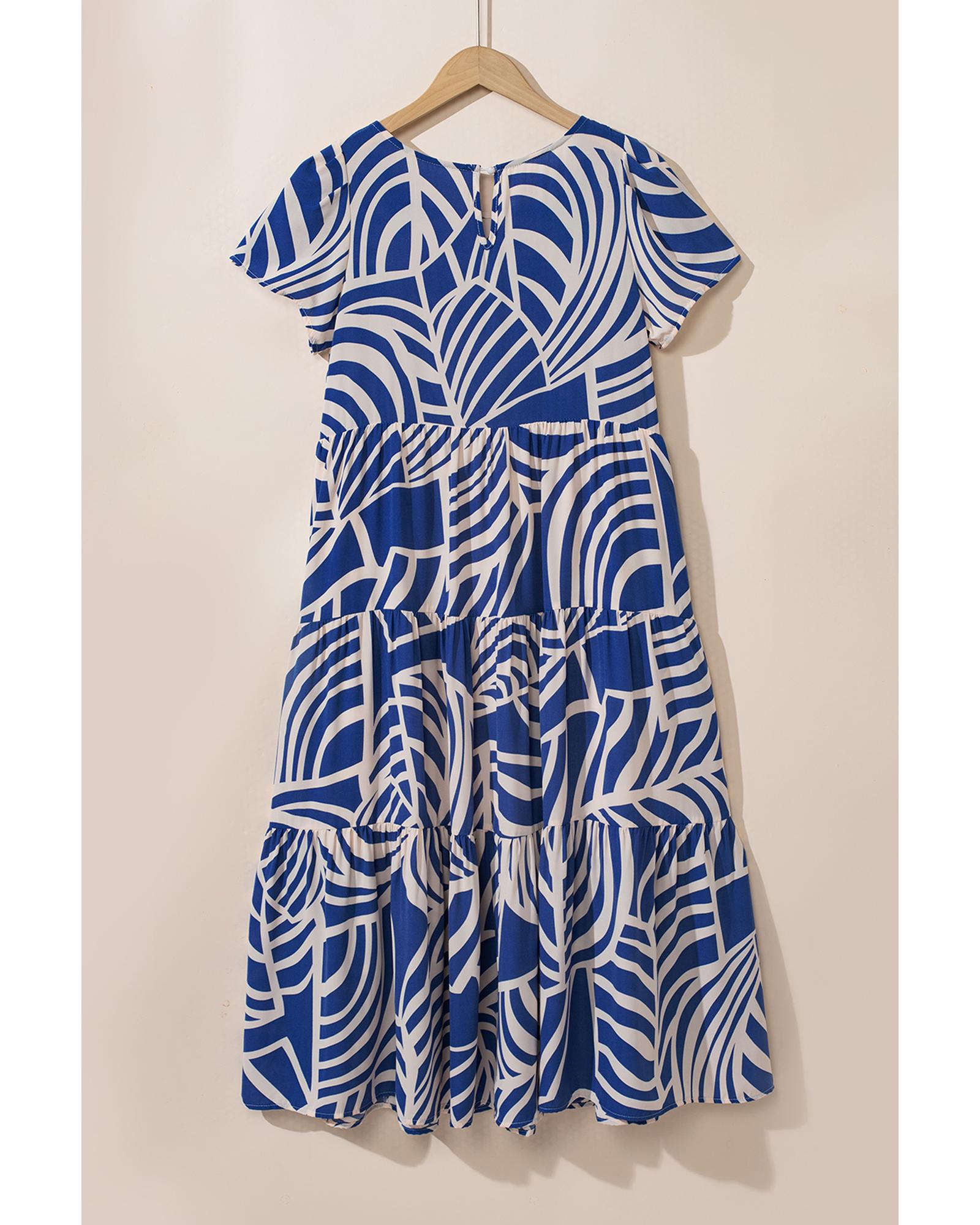 Sky Blue Boho Printed Short Sleeve Flare Tiered Dress - S 7