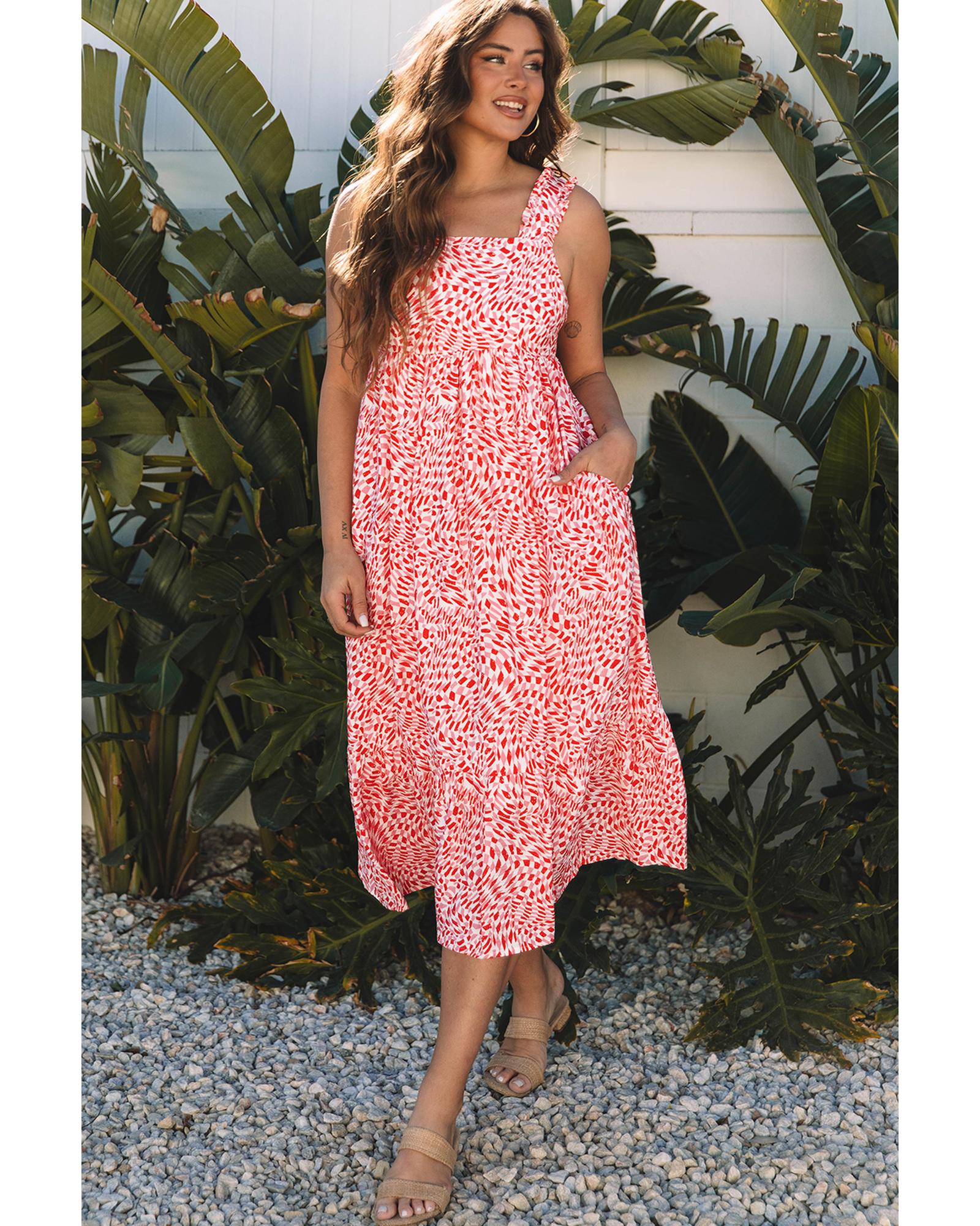 Pink Geometric Print Knot Back Sleeveless Ruffle Hem Dress - L