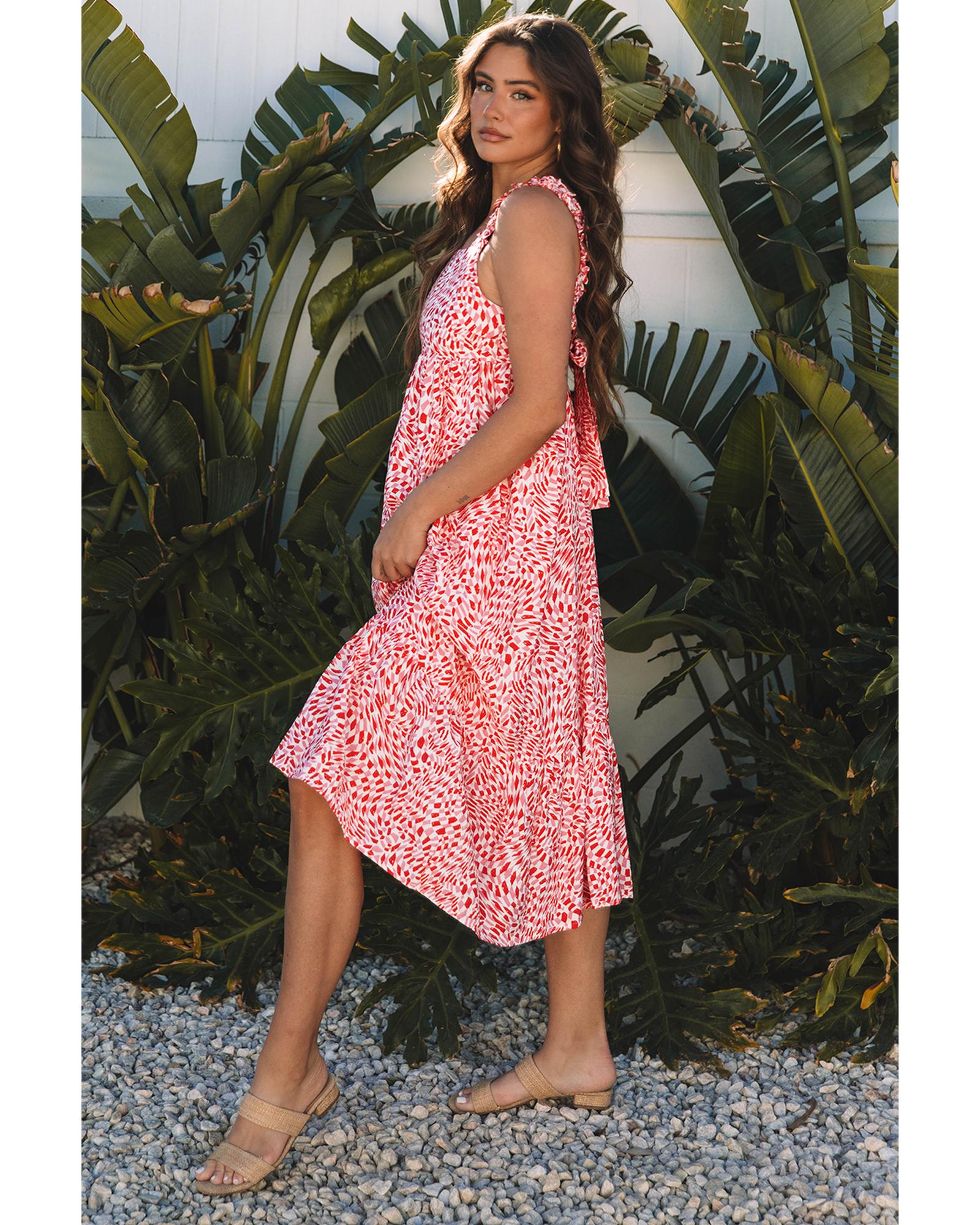 Pink Geometric Print Knot Back Sleeveless Ruffle Hem Dress - L 3