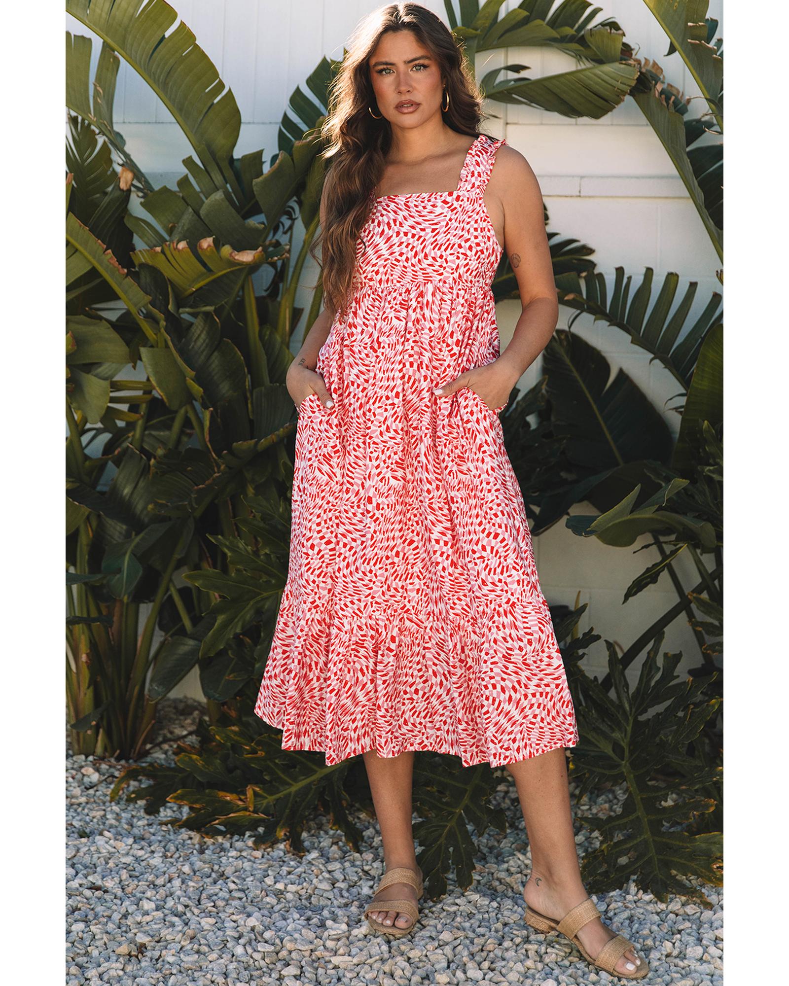 Pink Geometric Print Knot Back Sleeveless Ruffle Hem Dress - M 5