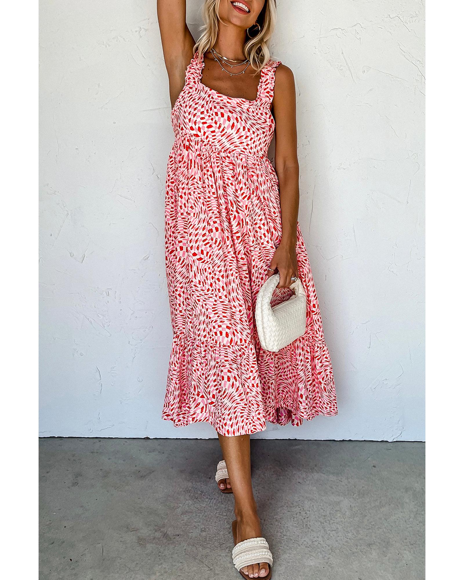 Pink Geometric Print Knot Back Sleeveless Ruffle Hem Dress - M 7