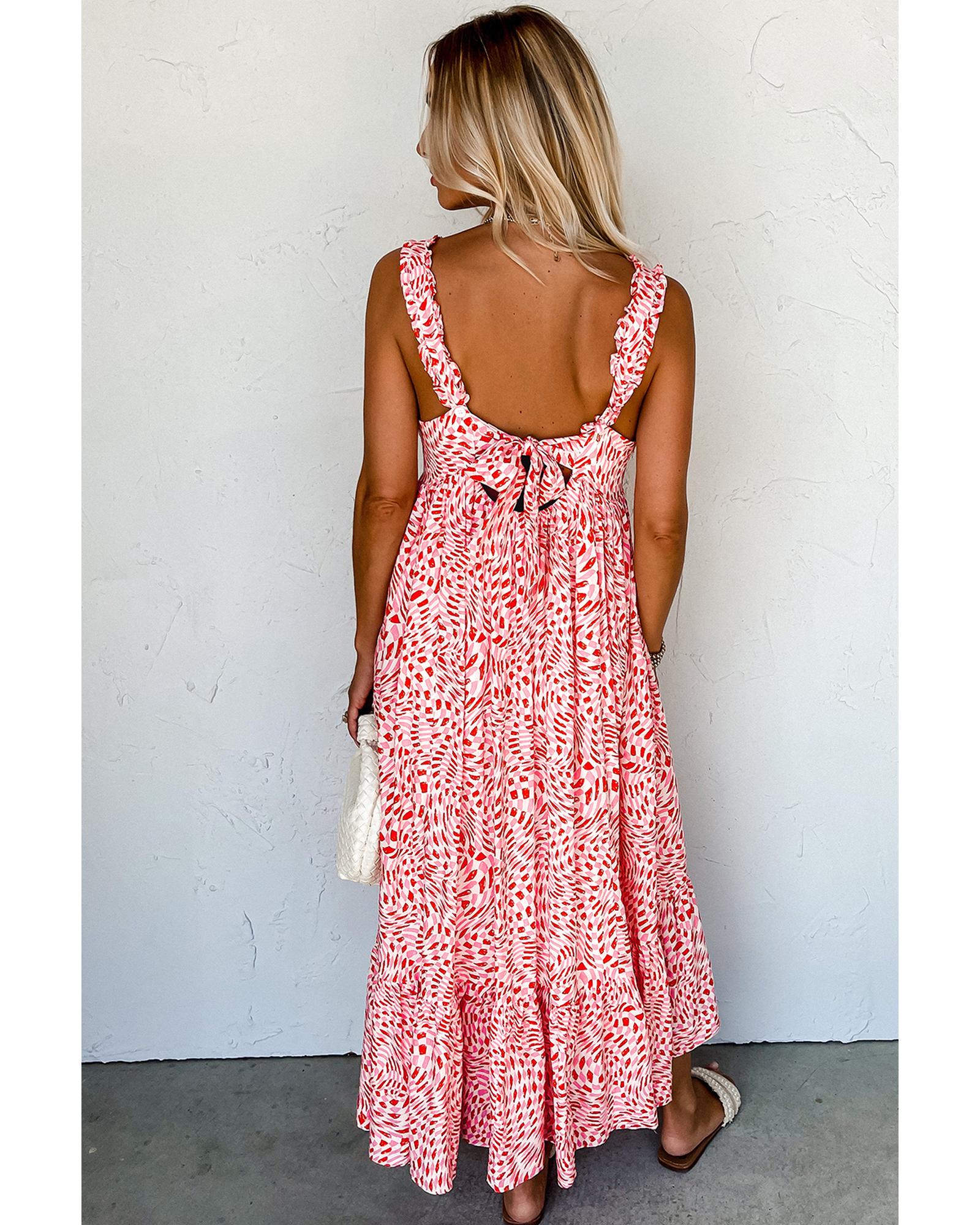 Pink Geometric Print Knot Back Sleeveless Ruffle Hem Dress - M 8
