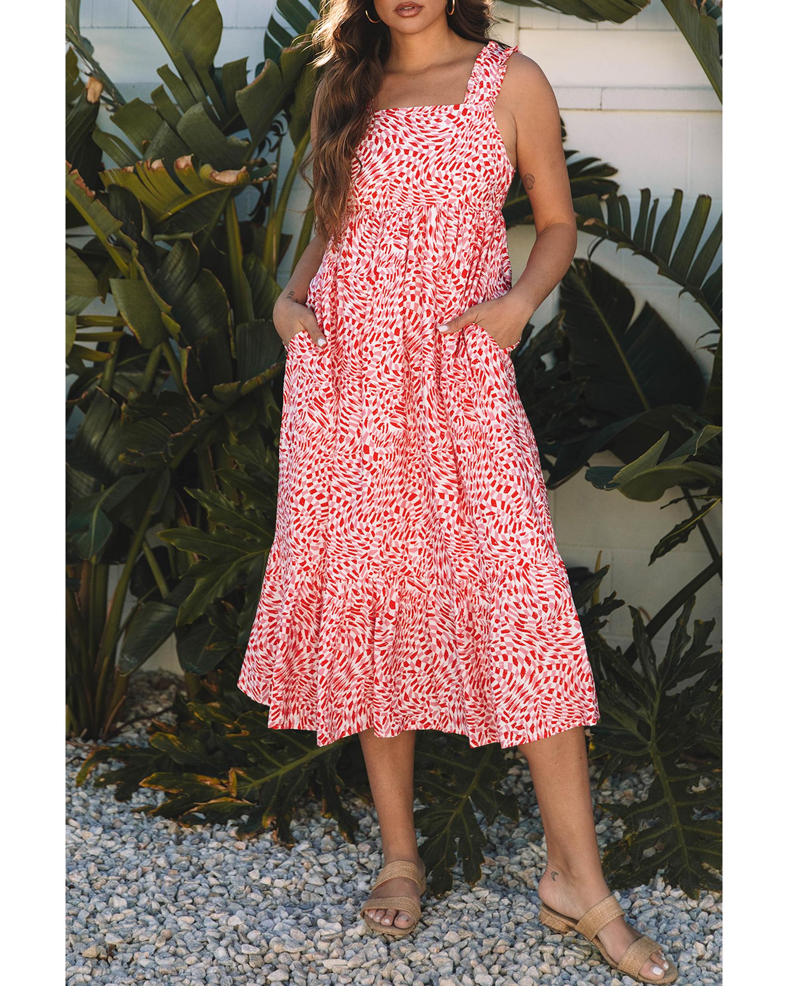 Pink Geometric Print Knot Back Sleeveless Ruffle Hem Dress - S 6