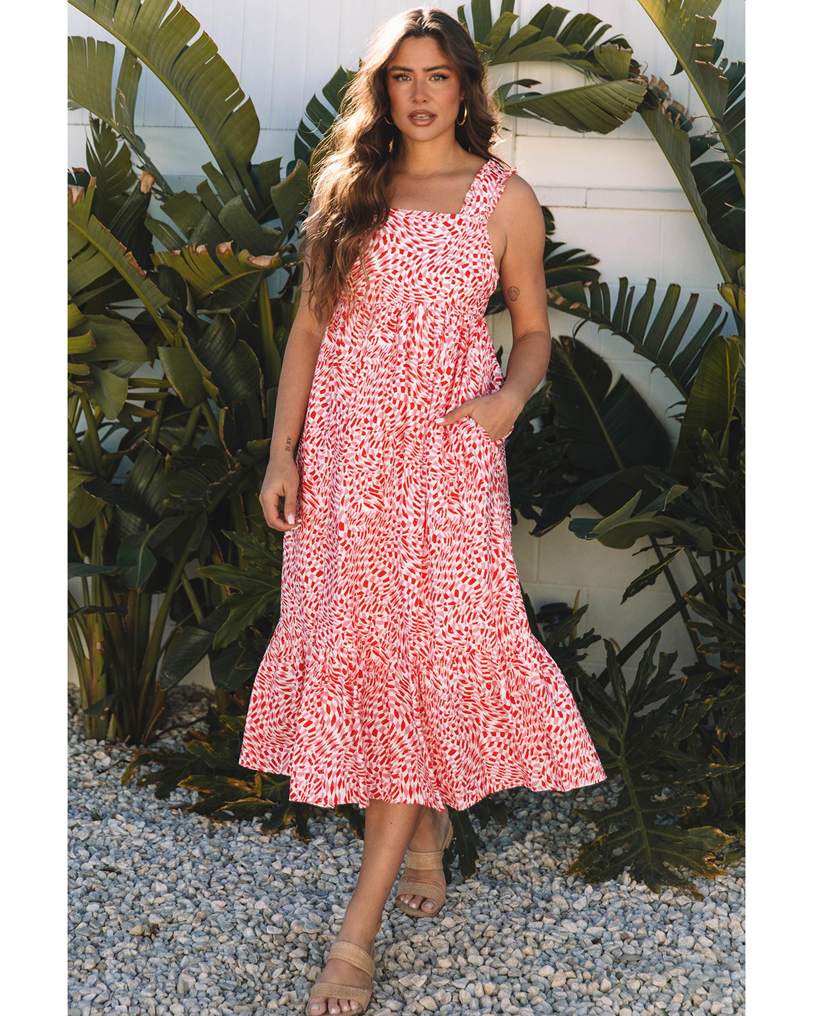 Pink Geometric Print Knot Back Sleeveless Ruffle Hem Dress - XL 4