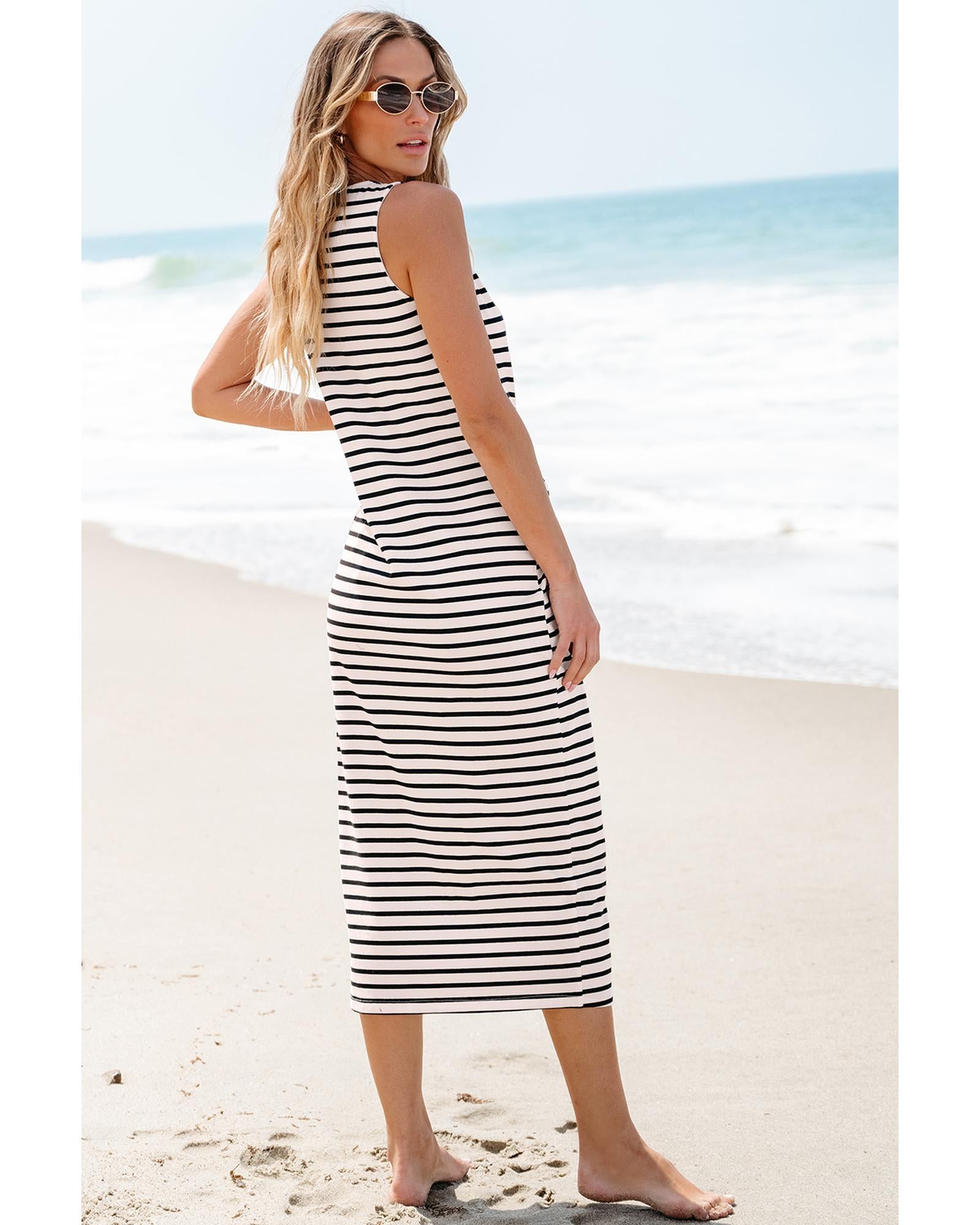 White Striped Print Sleeveless Buttoned Maxi Dress - L 3