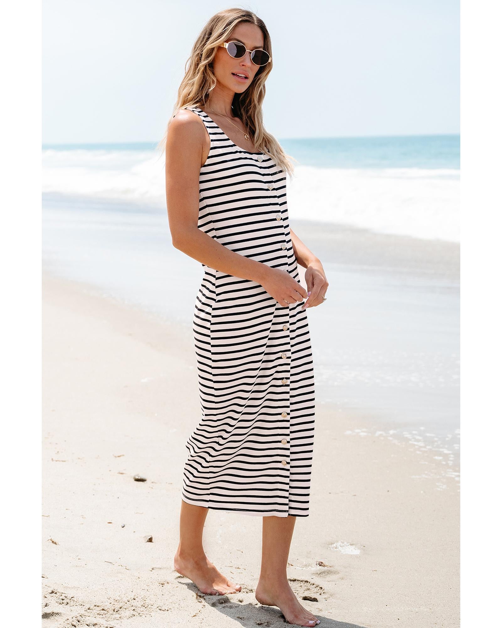 White Striped Print Sleeveless Buttoned Maxi Dress - M