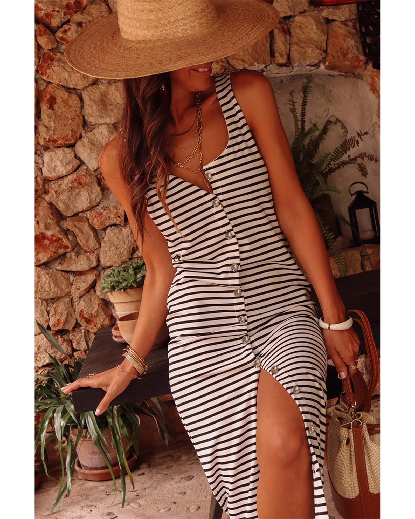 White Striped Print Sleeveless Buttoned Maxi Dress - XL 5