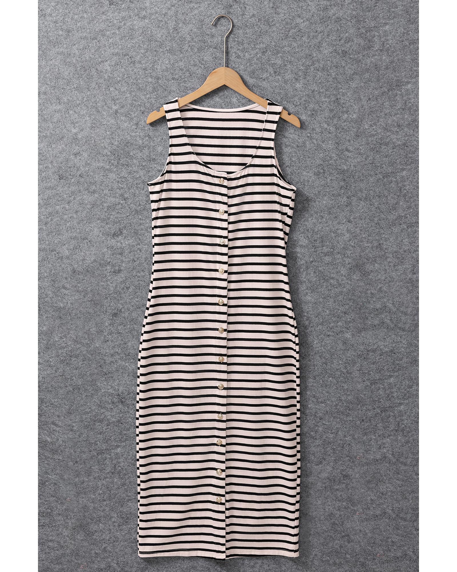 White Striped Print Sleeveless Buttoned Maxi Dress - XL 6