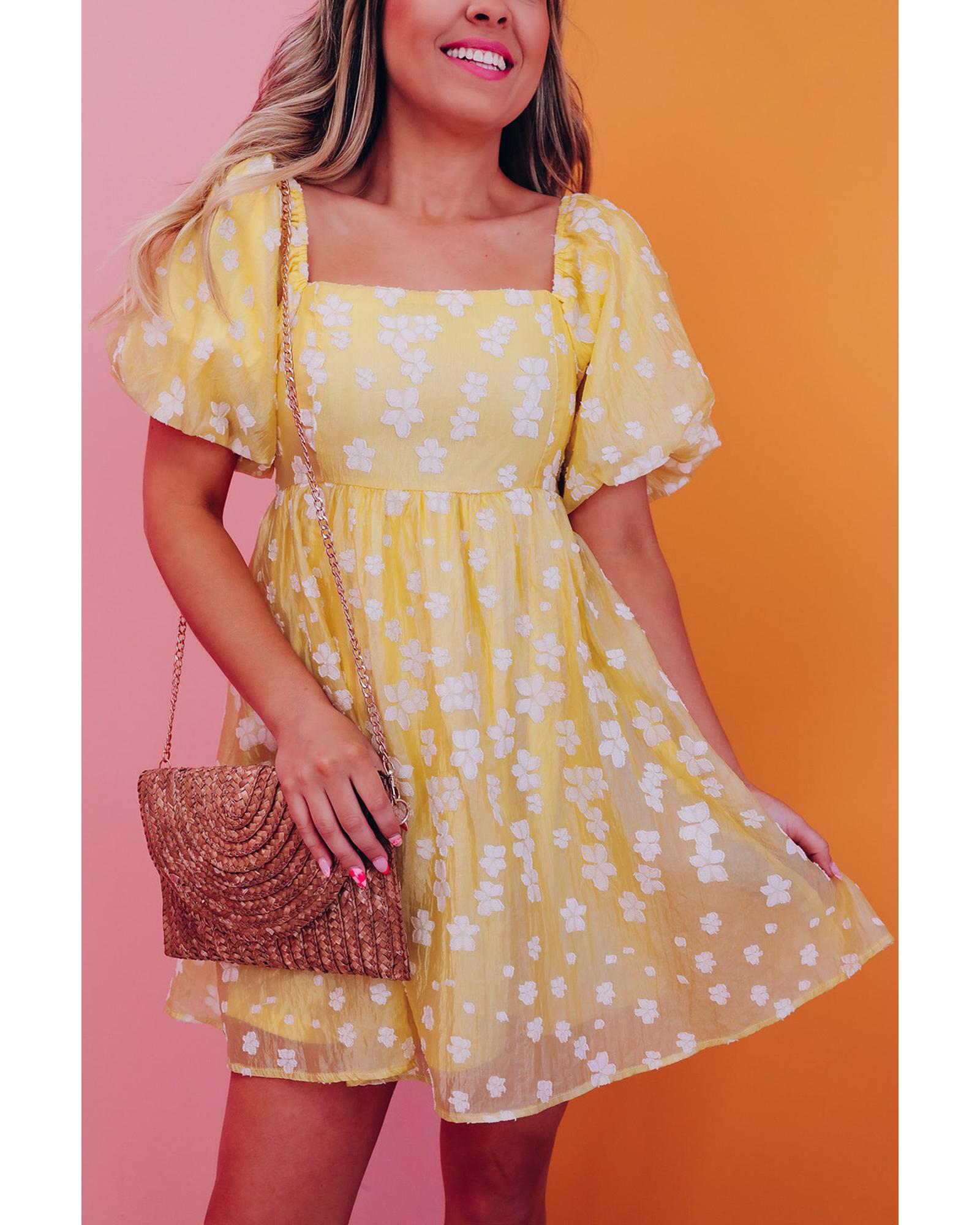 Yellow Boho Flower Jacquard Puff Sleeve Square Neck Mini Dress - L 3