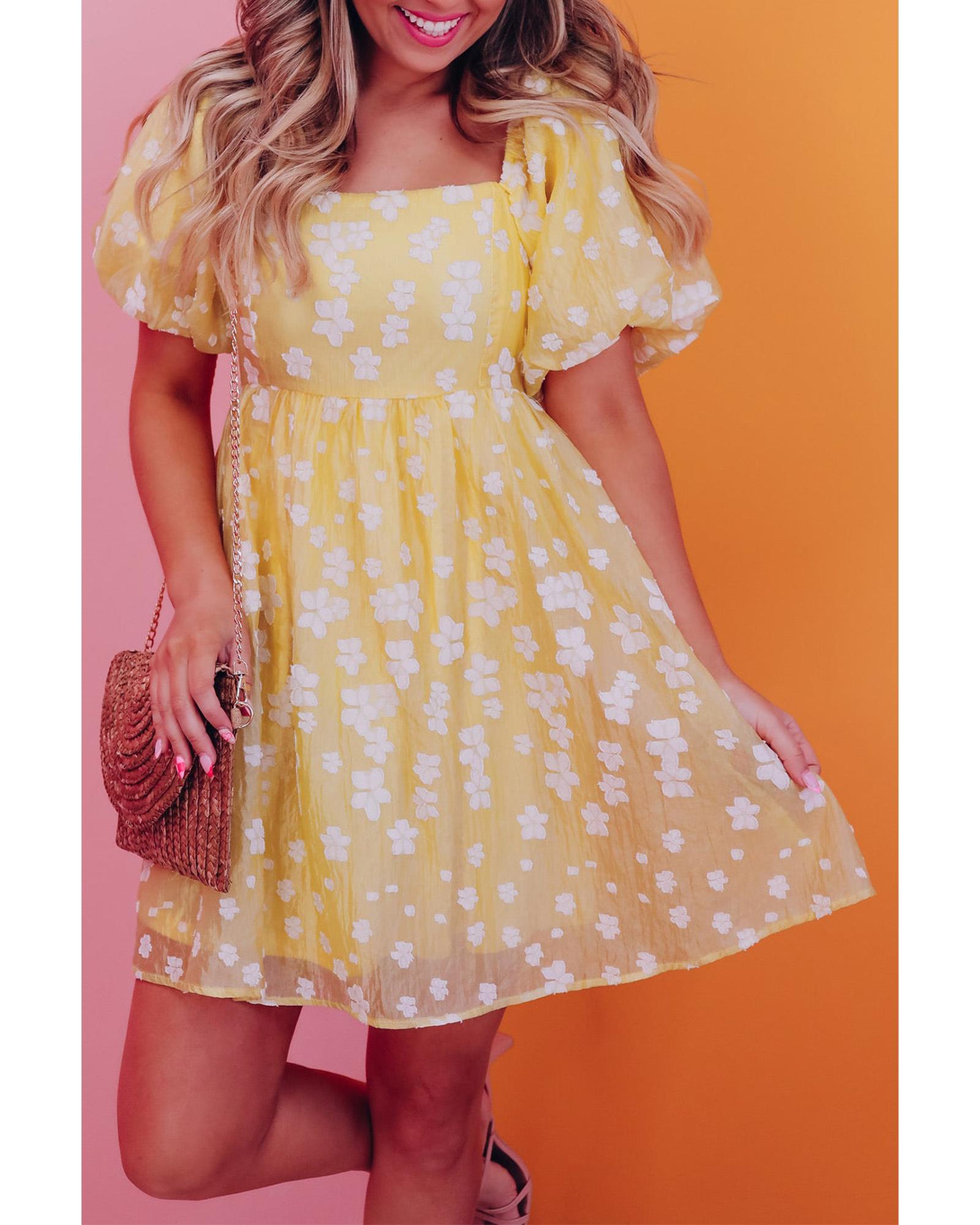 Yellow Boho Flower Jacquard Puff Sleeve Square Neck Mini Dress - L 7
