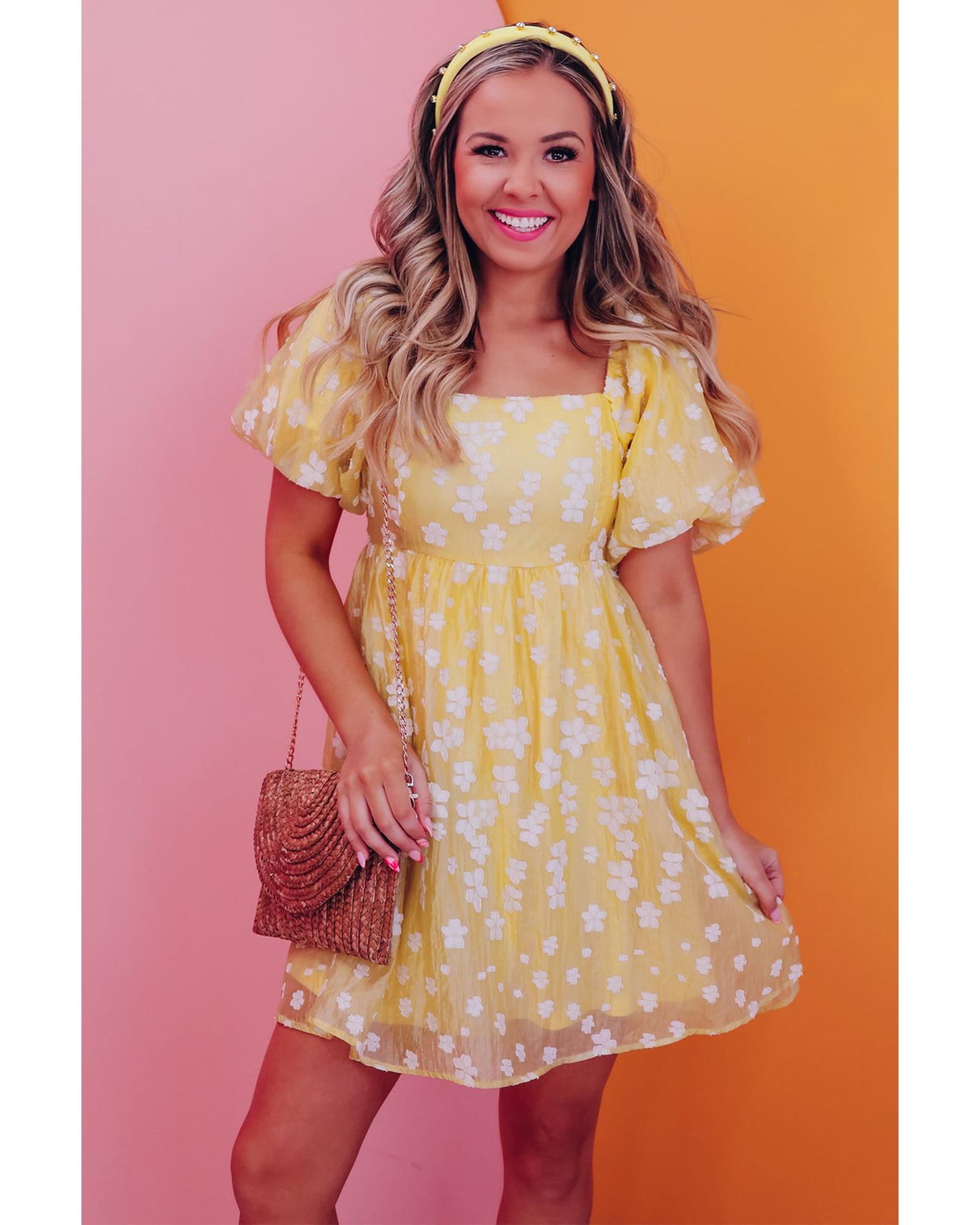 Yellow Boho Flower Jacquard Puff Sleeve Square Neck Mini Dress - XL