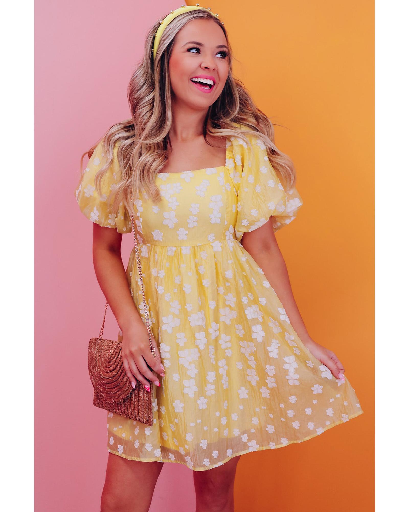 Yellow Boho Flower Jacquard Puff Sleeve Square Neck Mini Dress - XL 3