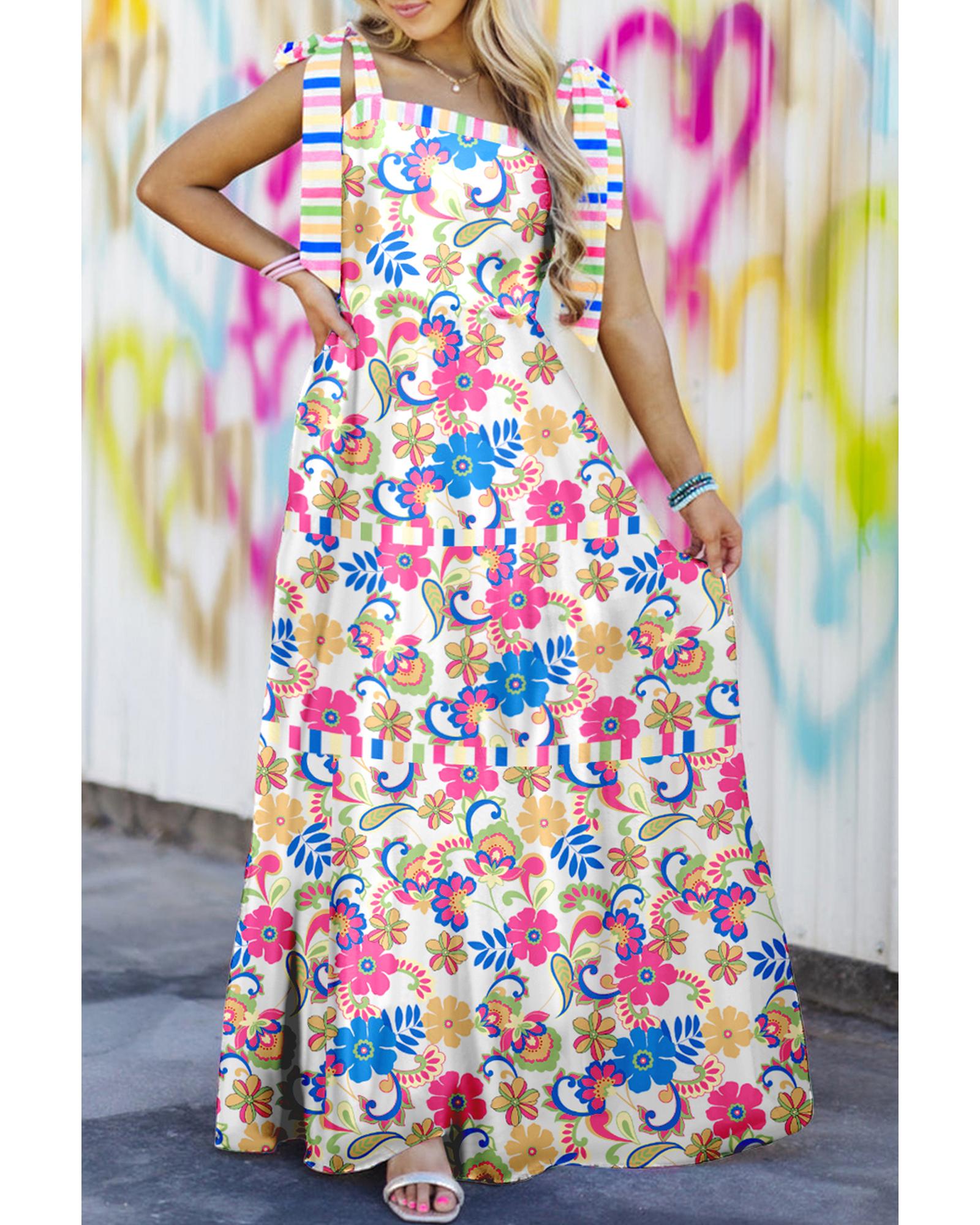 Rose Red Striped Trim Self-tie Straps Floral Maxi Dress - L 3