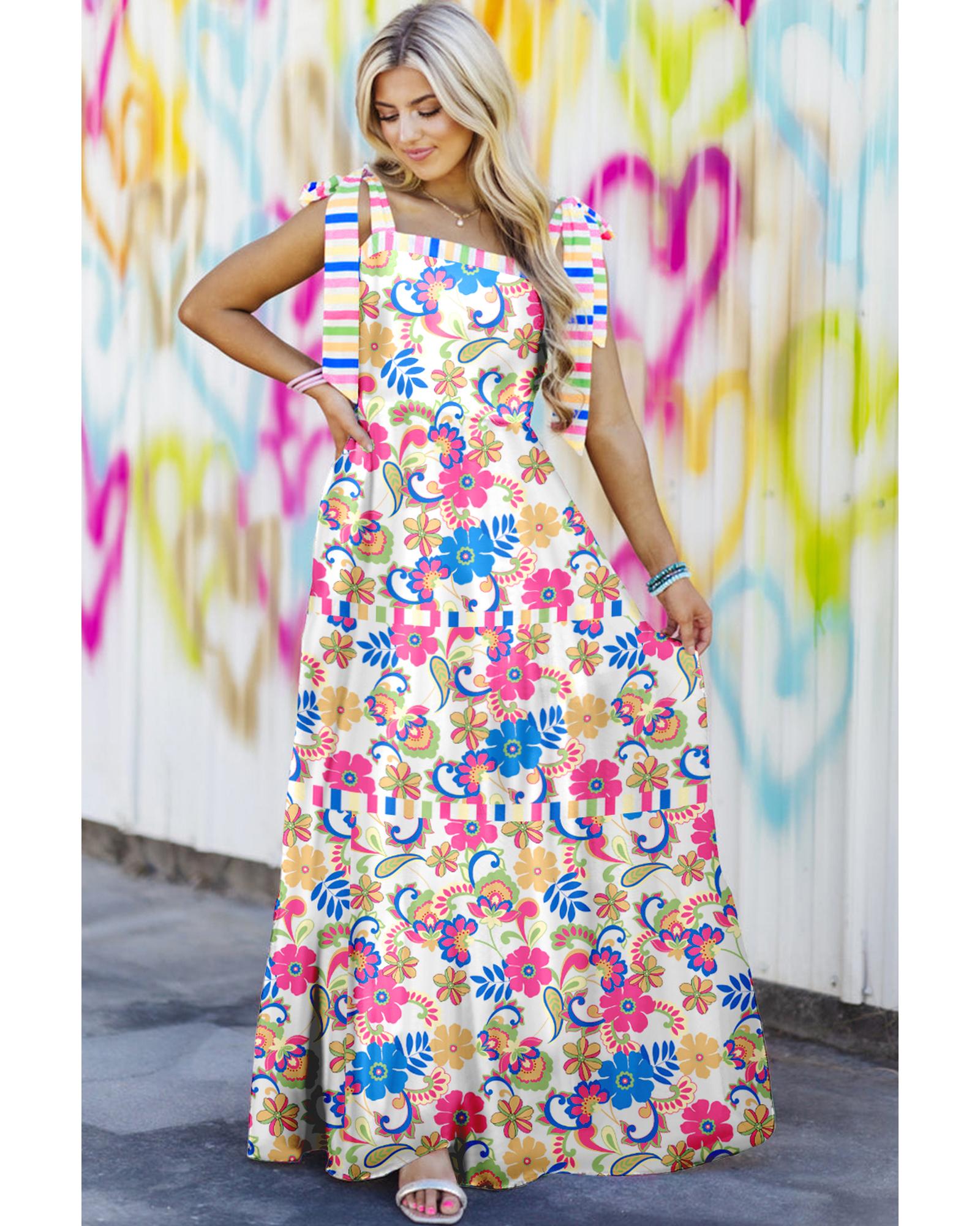 Rose Red Striped Trim Self-tie Straps Floral Maxi Dress - L 8