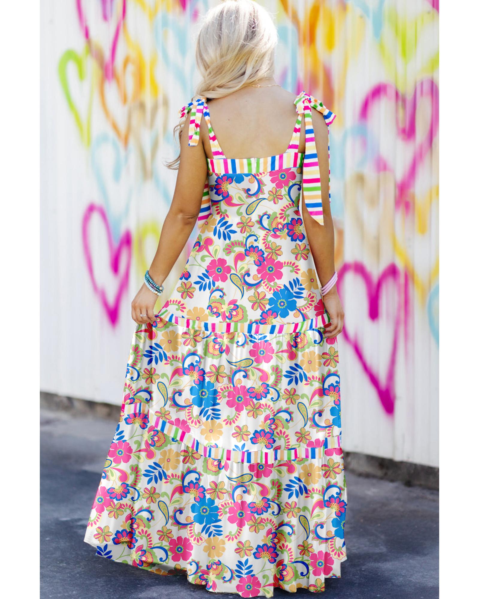 Rose Red Striped Trim Self-tie Straps Floral Maxi Dress - M