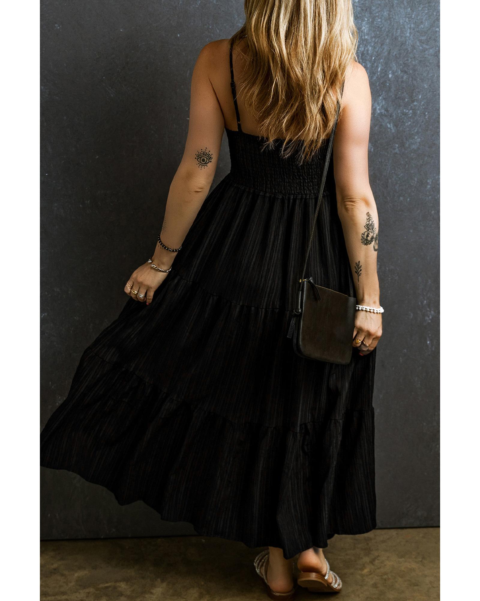 Black Spaghetti Straps Smocked Pleated Tiered Maxi Dress - L