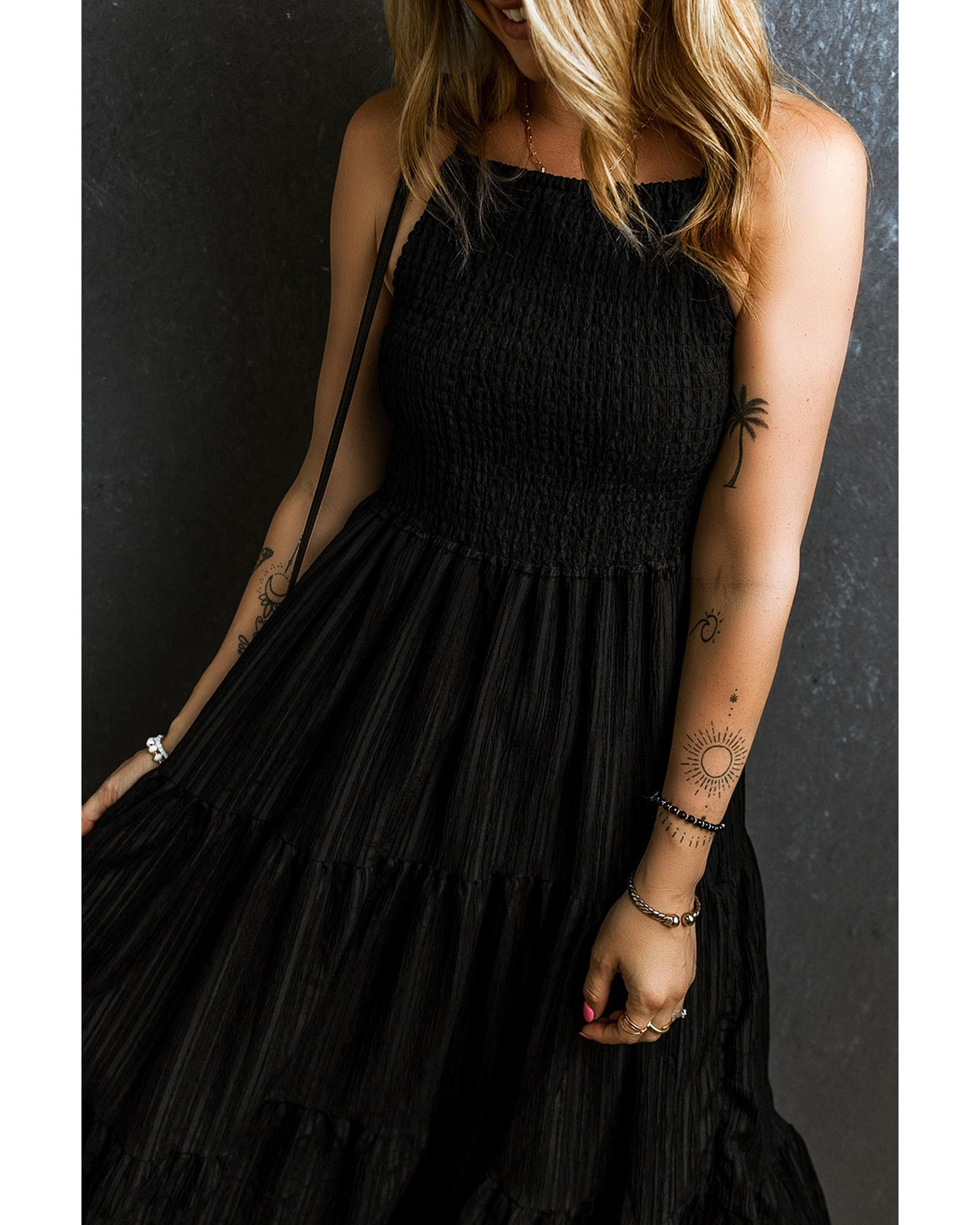 Black Spaghetti Straps Smocked Pleated Tiered Maxi Dress - L 4